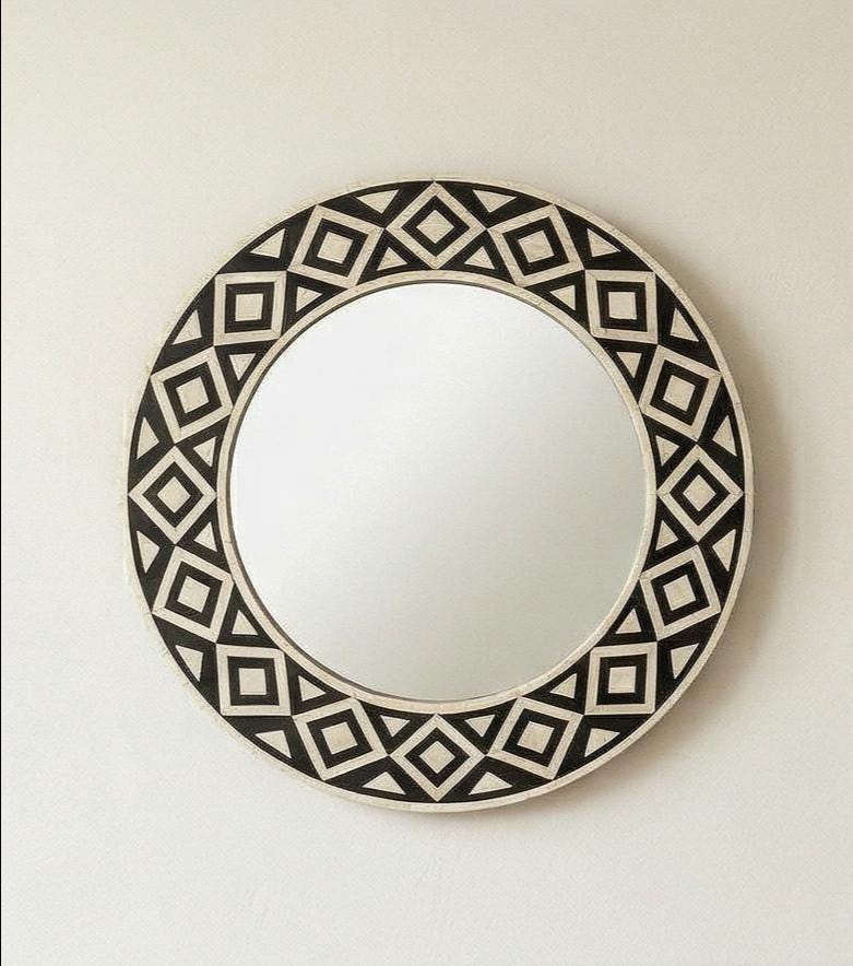 Black White Bone Inlay Mirror – Round Geometric Handmade Modern Wall Decor |unique mirror
