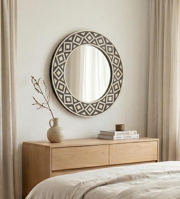 Black White Bone Inlay Mirror – Round Geometric Handmade Modern Wall Decor |unique mirror