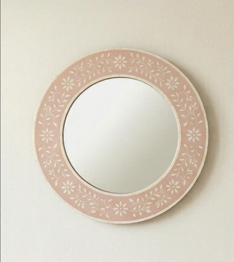 Blush Pink Bone Inlay Mirror – Minimal Floral Round Handmade Wall Decor