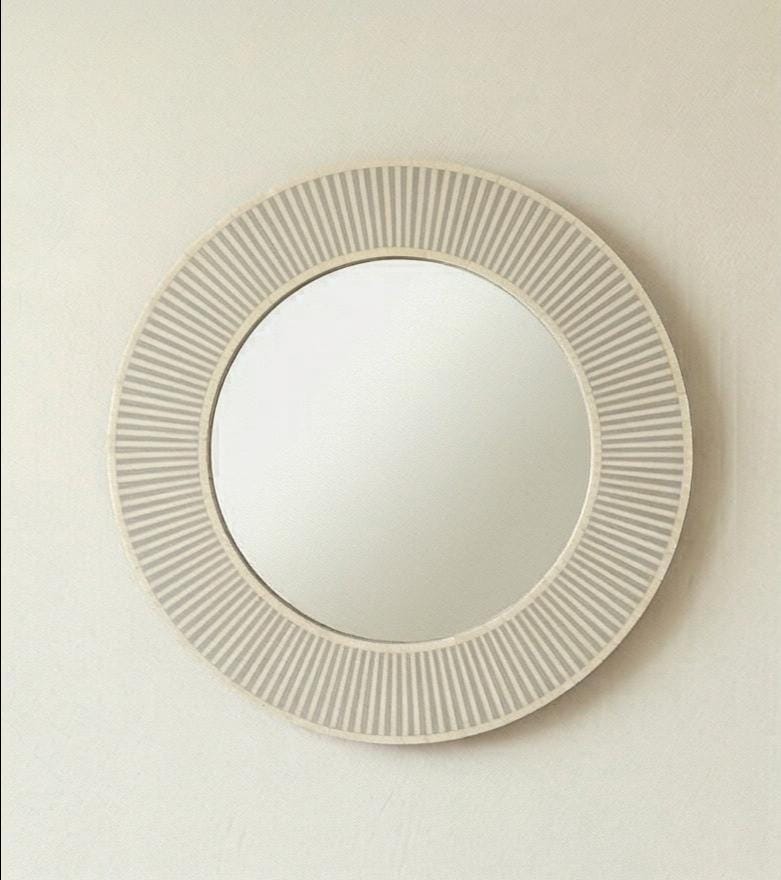 Ivory Grey Bone Inlay Mirror – Striped Round Handmade Scandinavian Wall Decor