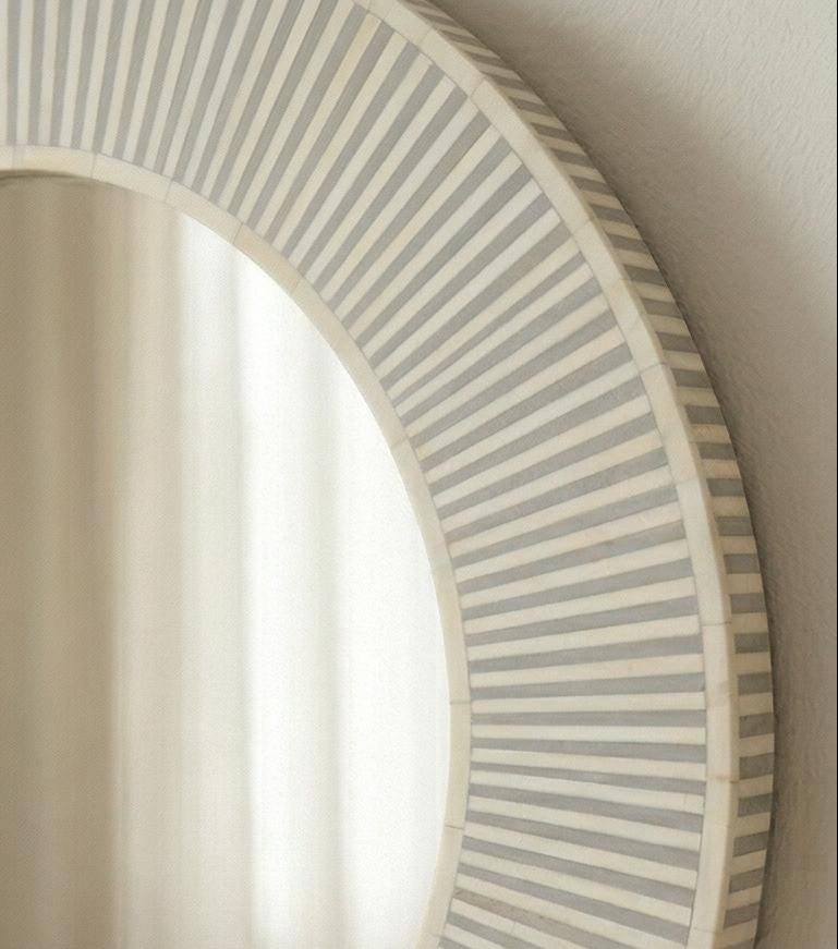 Ivory Grey Bone Inlay Mirror – Striped Round Handmade Scandinavian Wall Decor