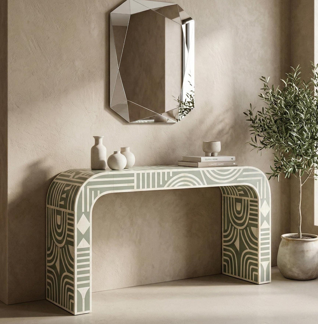 Sage Green Bone Inlay Console Handmade Entryway Table Luxury Furniture