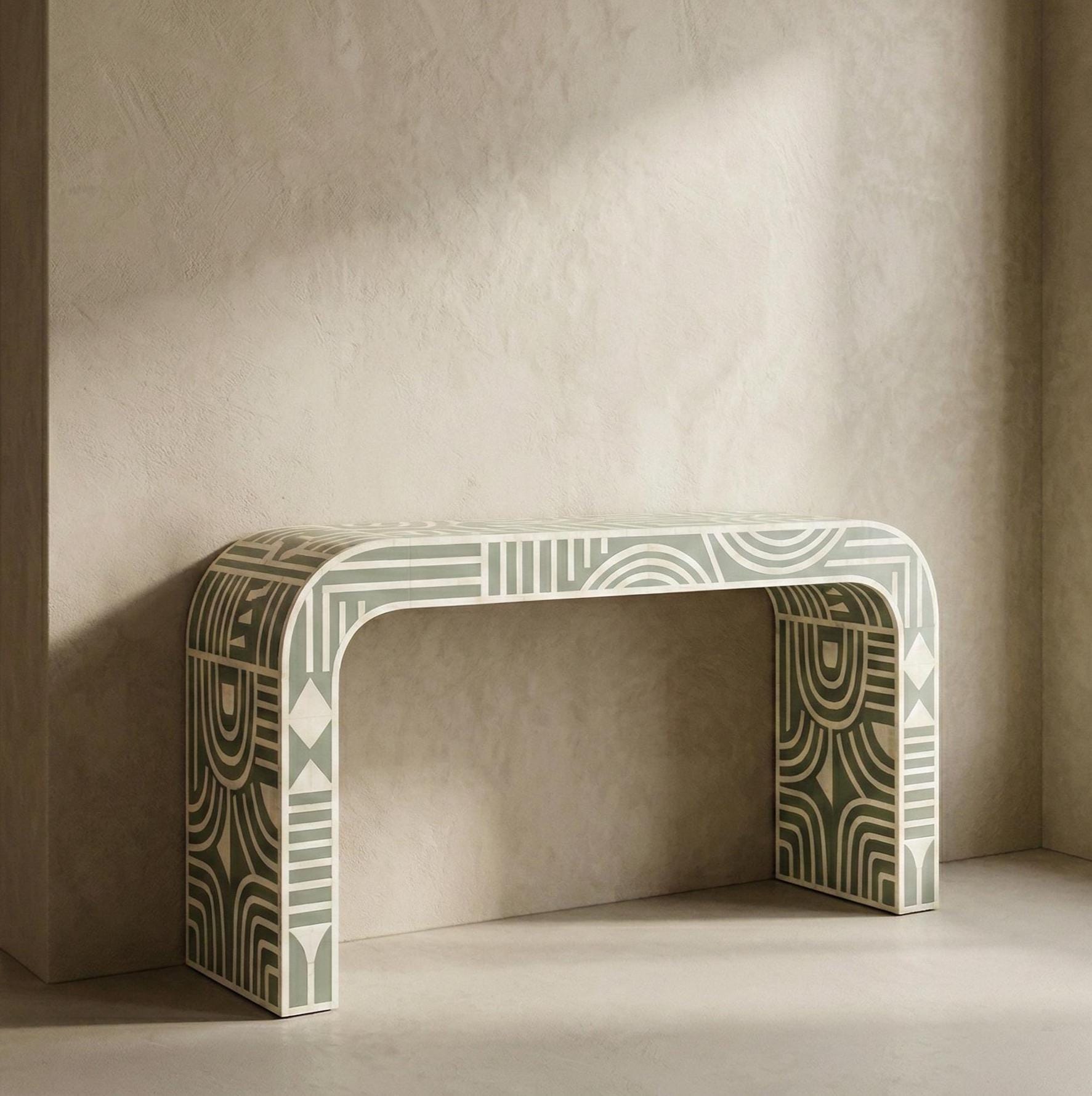 Sage Green Bone Inlay Console Handmade Entryway Table Luxury Furniture