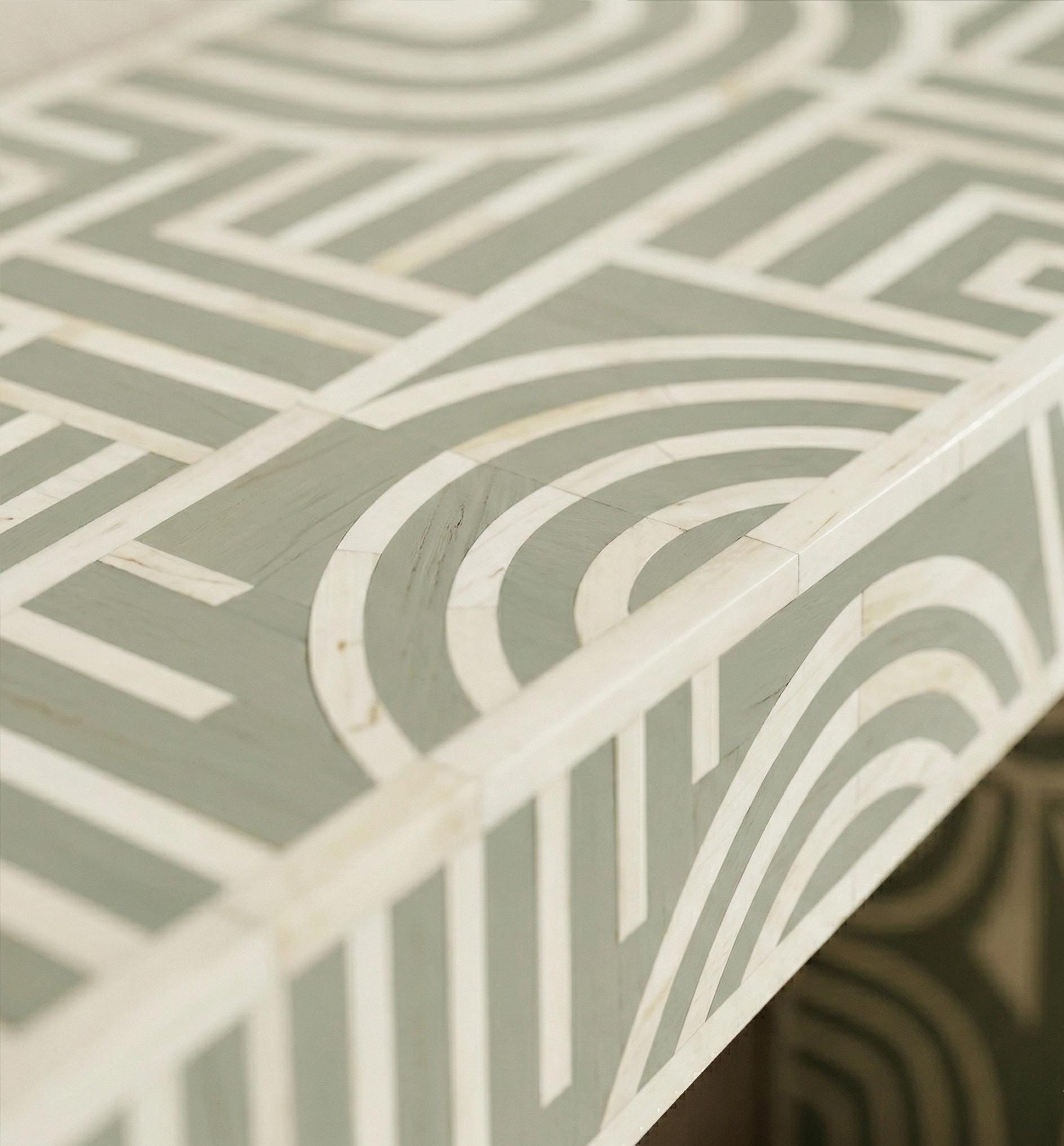Sage Green Bone Inlay Console – Artistic Pattern Handmade Entryway Table