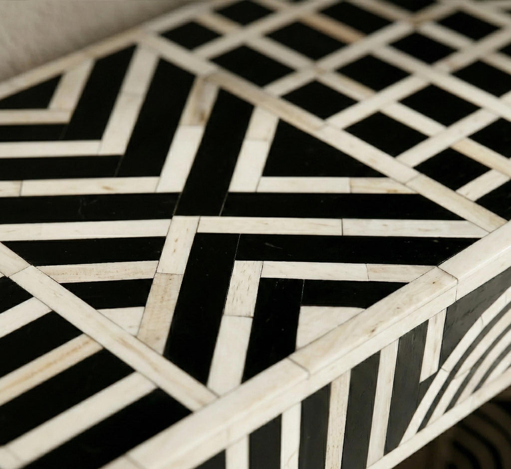 Modern Black Bone Inlay Entryway Table with Bold Geometric Pattern, Luxury Hallway Furniture