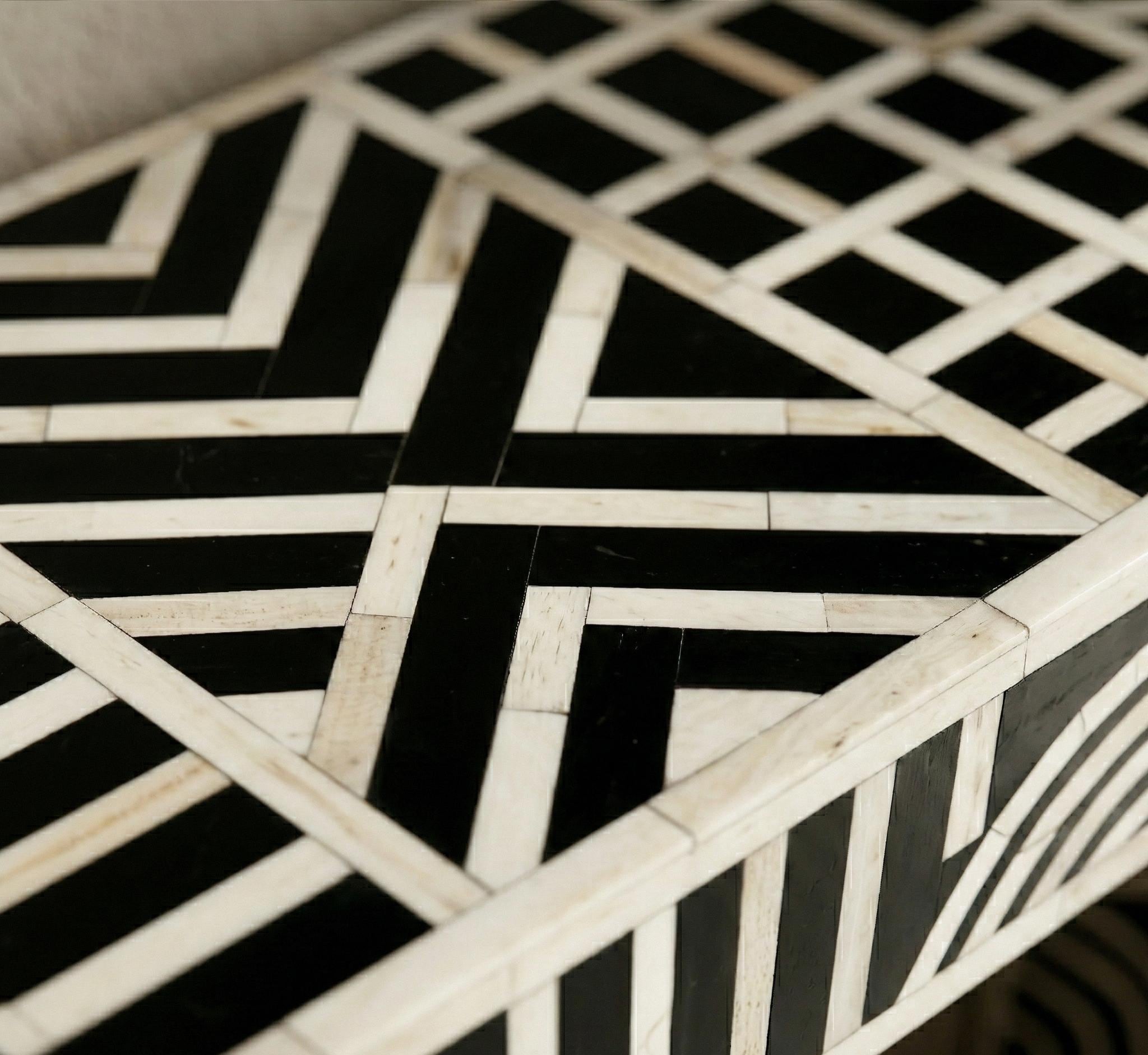 Modern Black Bone Inlay Entryway Table with Bold Geometric Pattern, Luxury Hallway Furniture