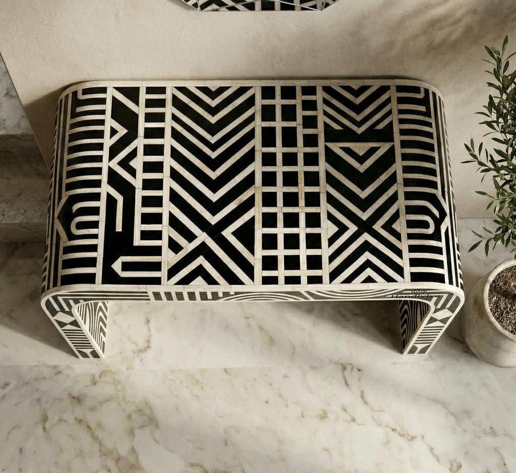 Modern Black Bone Inlay Entryway Table with Bold Geometric Pattern, Luxury Hallway Furniture
