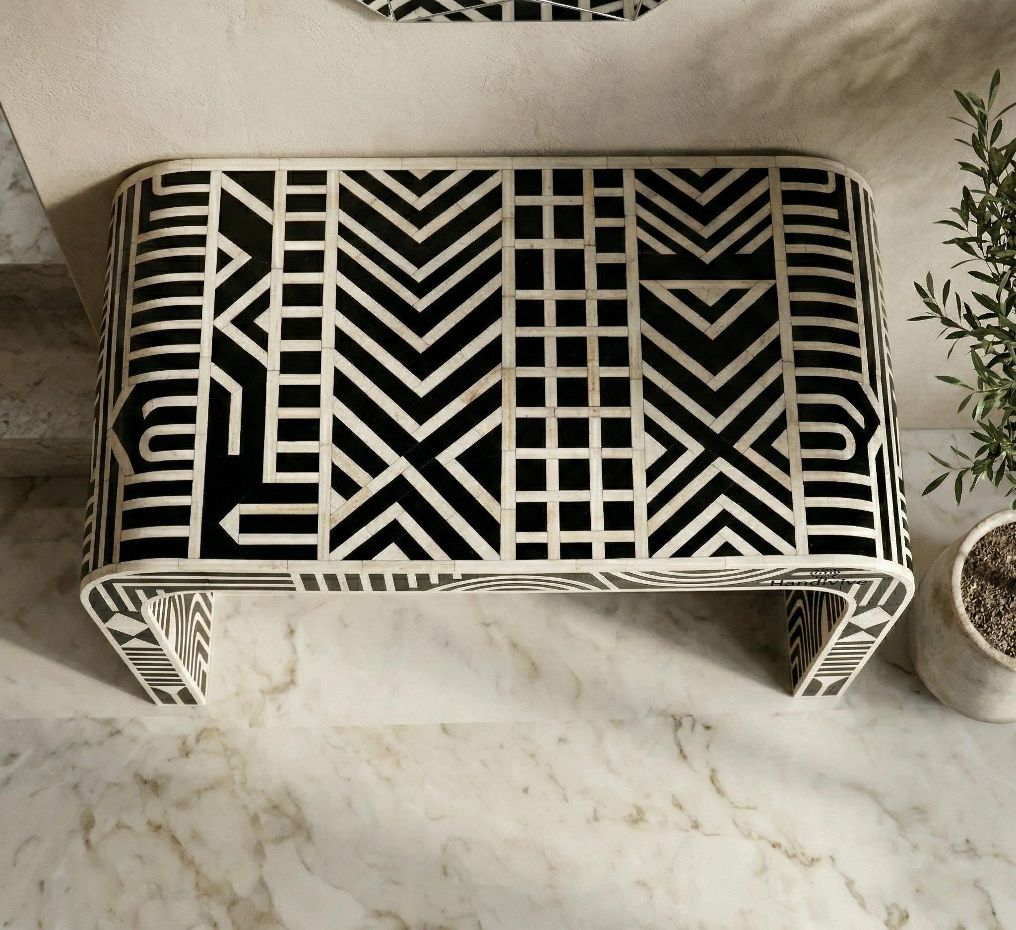 Modern Black Bone Inlay Entryway Table with Bold Geometric Pattern, Luxury Hallway Furniture