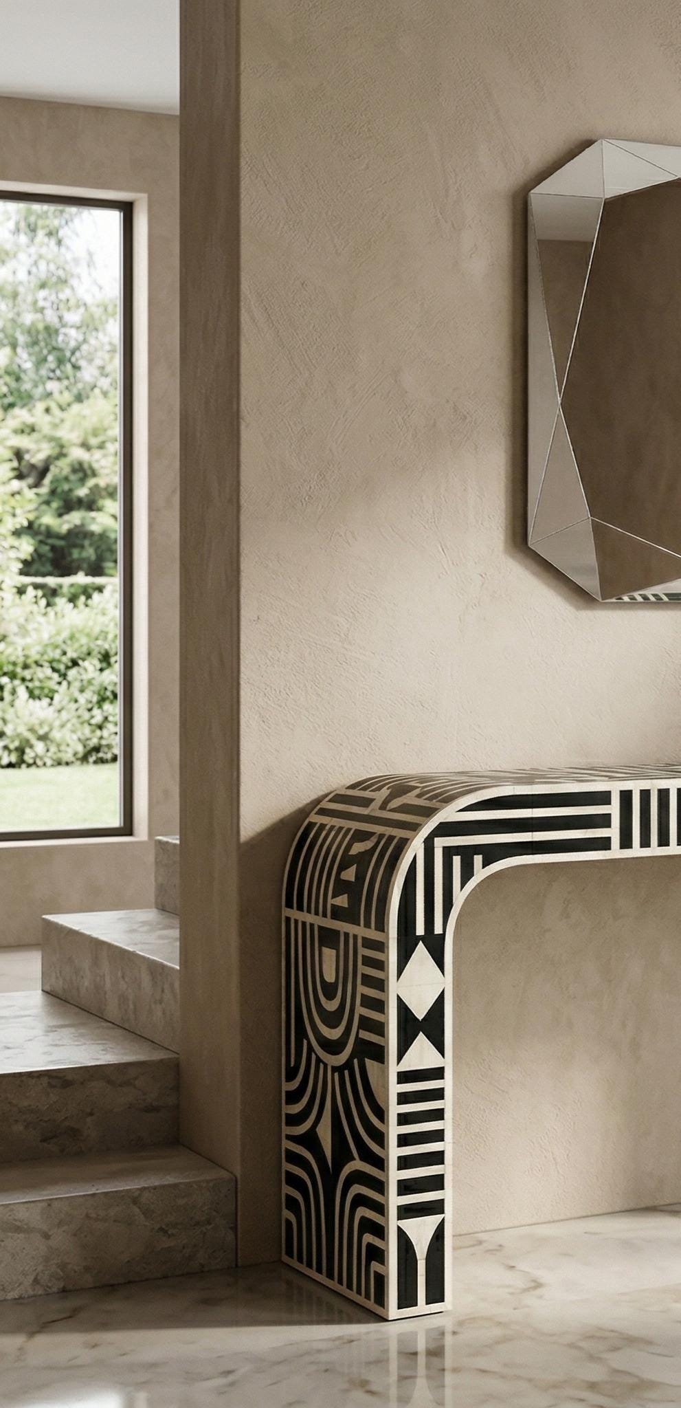 Modern Black Bone Inlay Entryway Table with Bold Geometric Pattern, Luxury Hallway Furniture