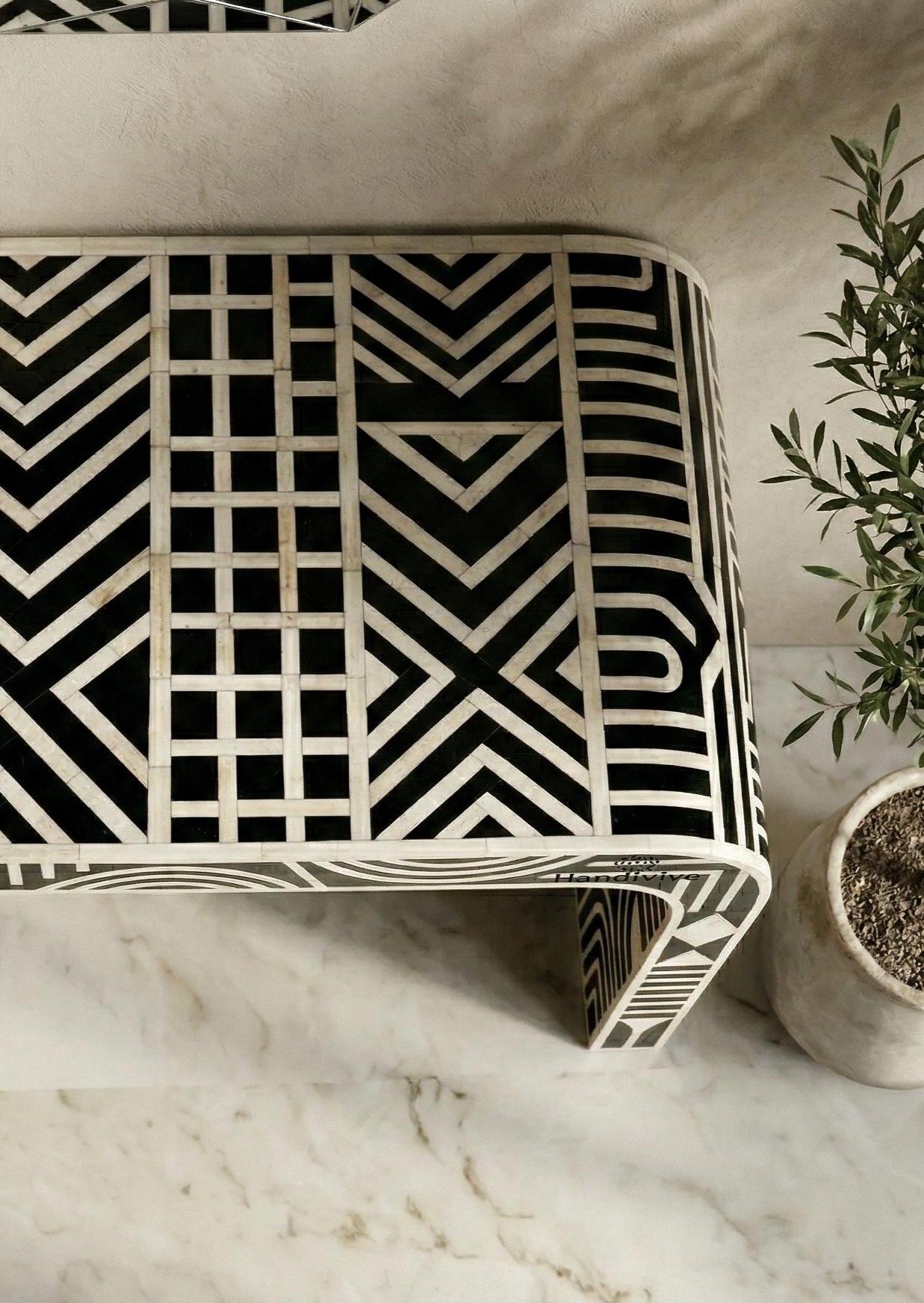 Modern Black Bone Inlay Entryway Table with Bold Geometric Pattern, Luxury Hallway Furniture