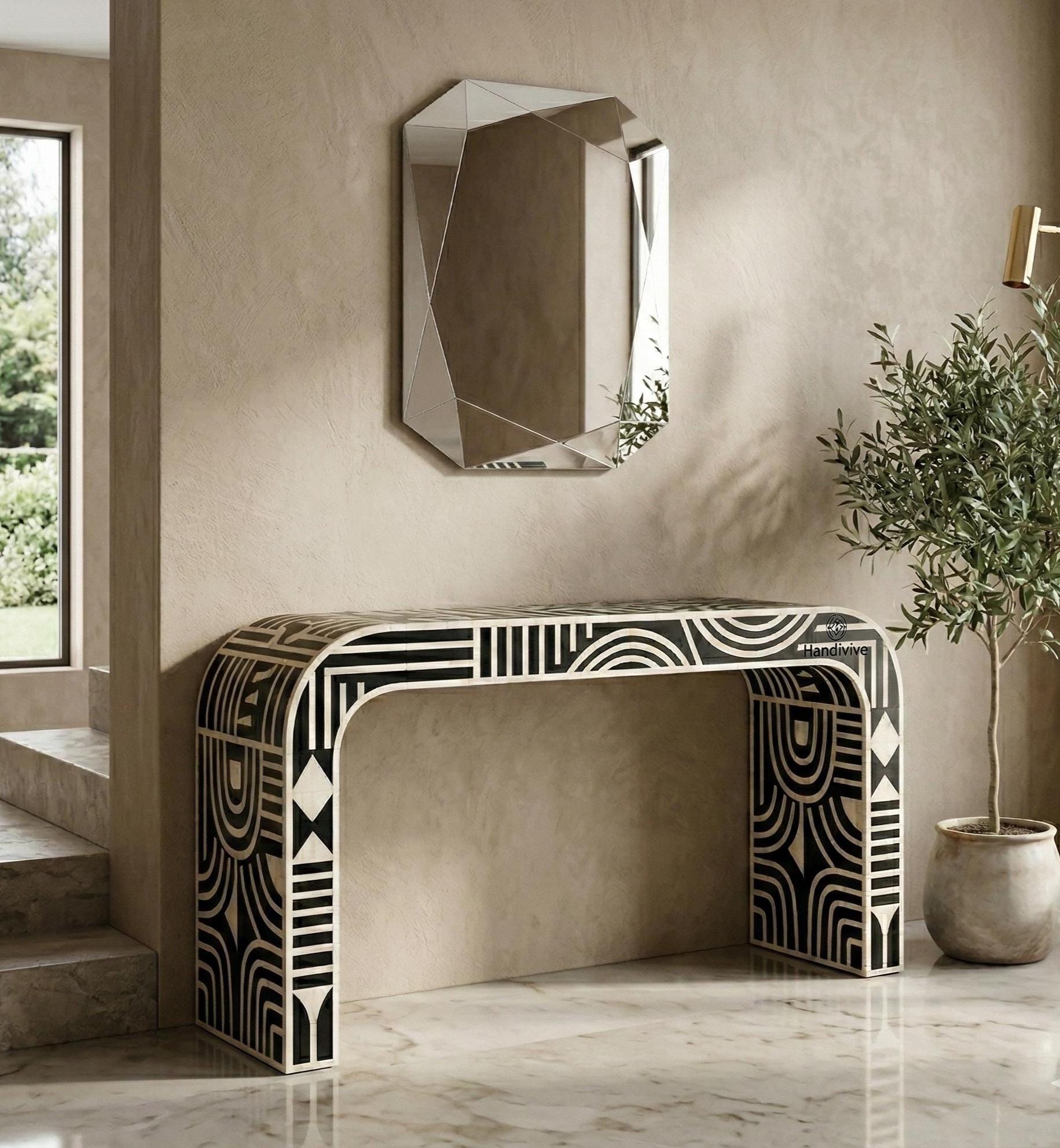 Modern Black Bone Inlay Entryway Table with Bold Geometric Pattern, Luxury Hallway Furniture