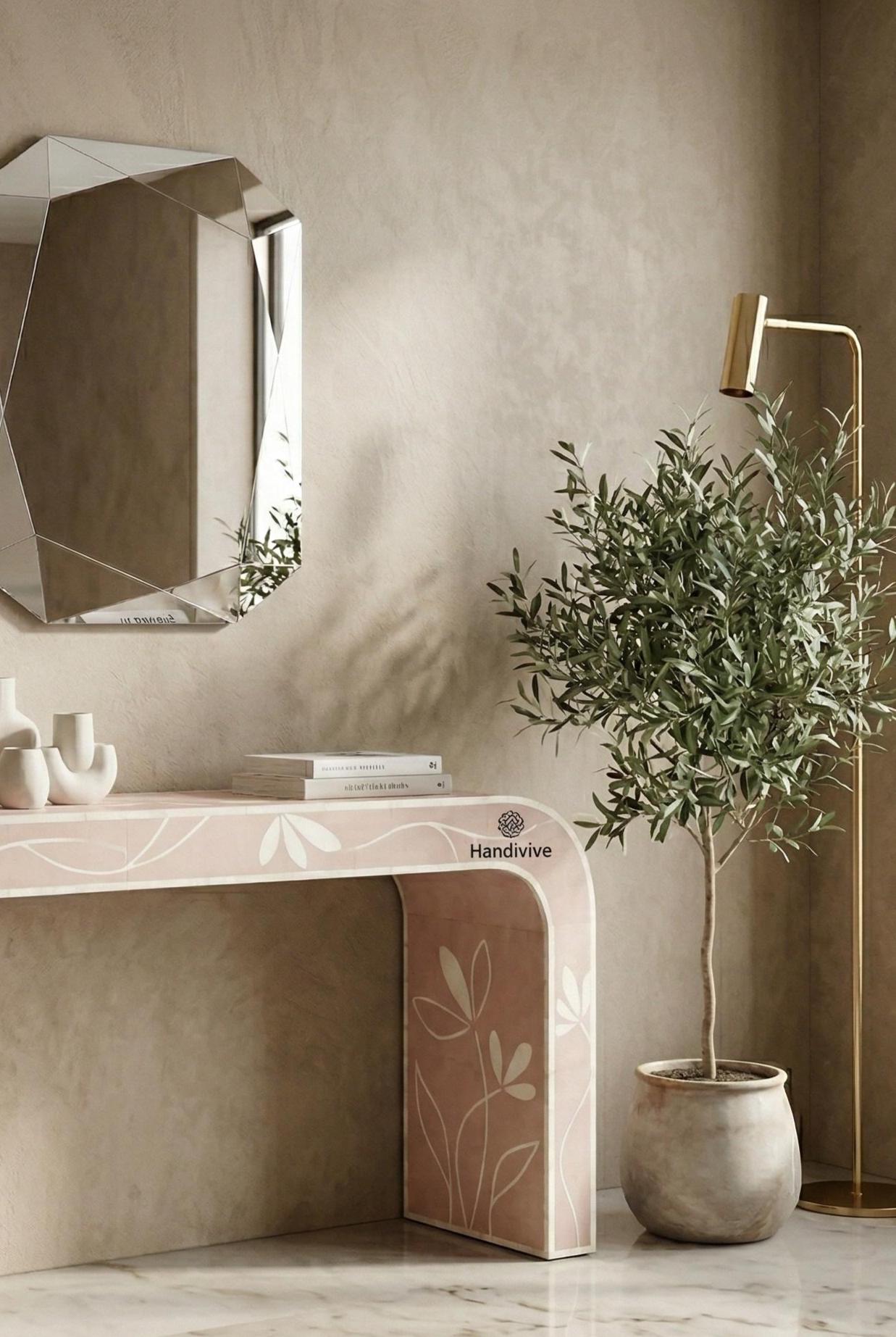 Blush Pink Bone Inlay Entryway Table with Subtle Floral Pattern, Modern Luxury Furniture