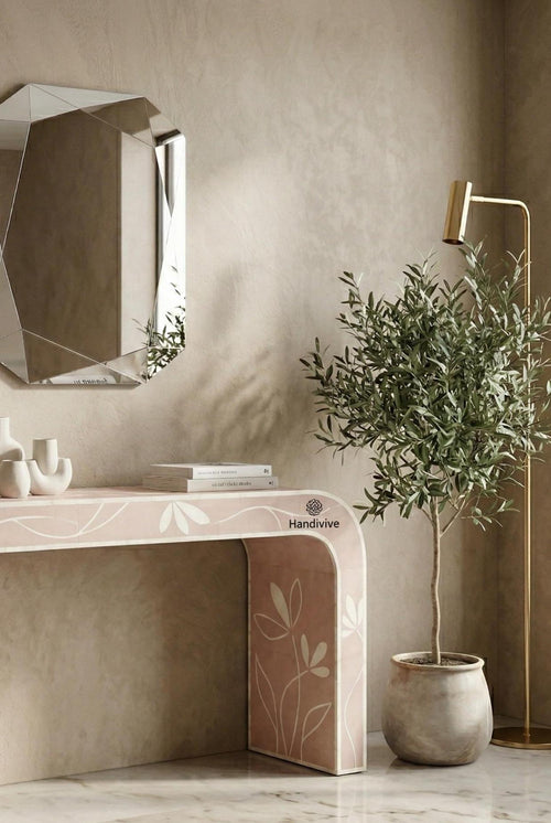 Blush Pink Bone Inlay Entryway Table with Subtle Floral Pattern, Modern Luxury Furniture
