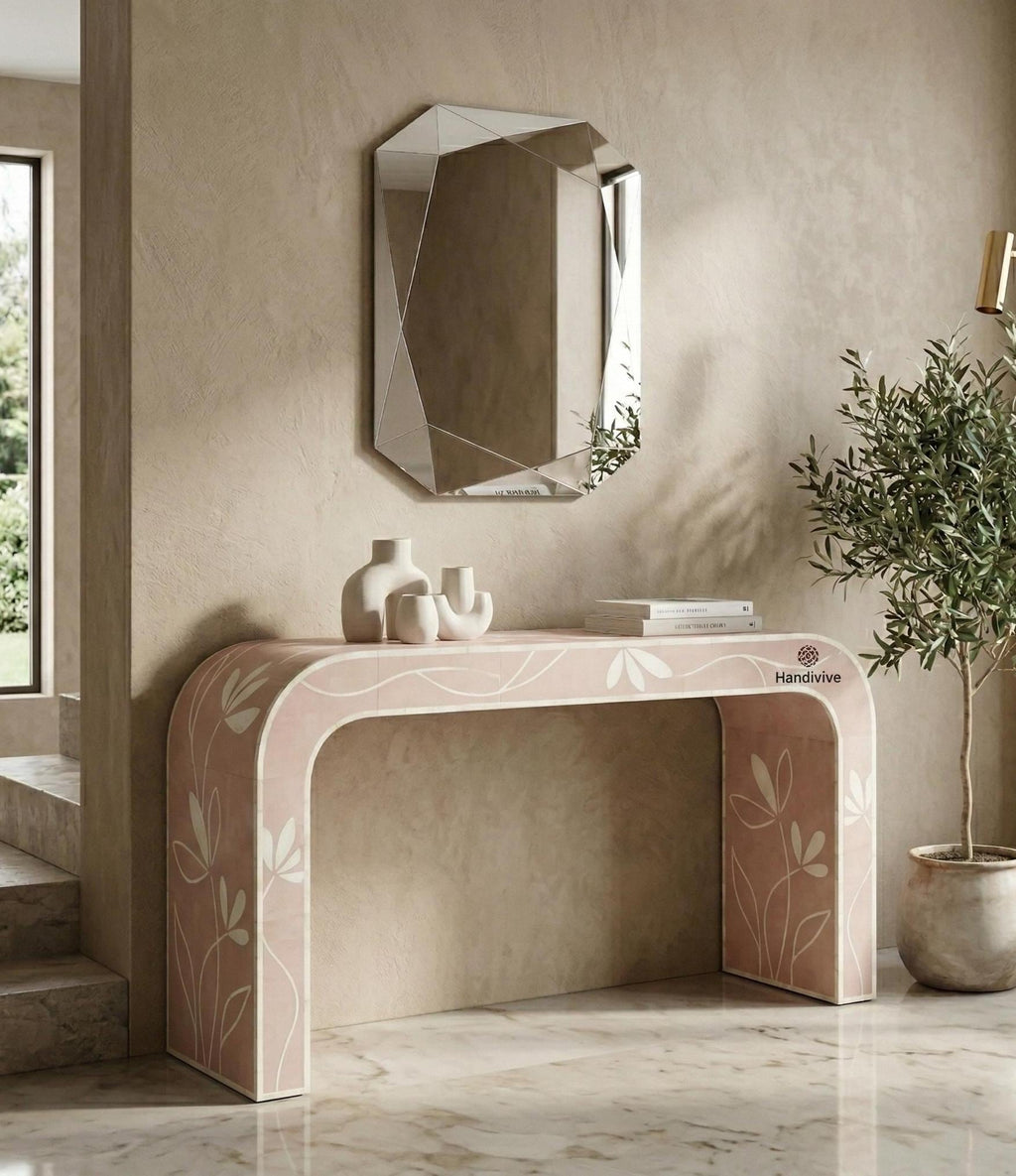 Blush Pink Bone Inlay Entryway Table with Subtle Floral Pattern, Modern Luxury Furniture