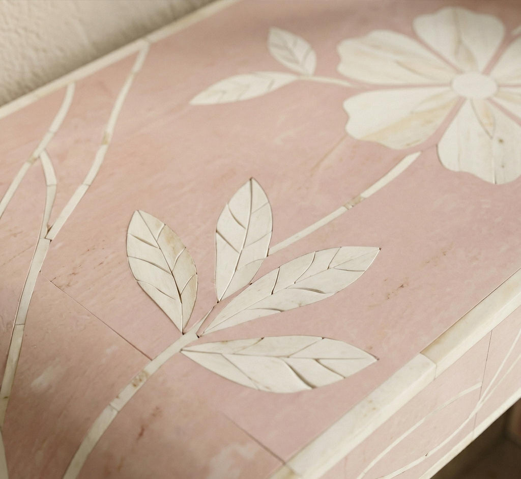 Blush Pink Bone Inlay Entryway Table with Subtle Floral Pattern, Modern Luxury Furniture