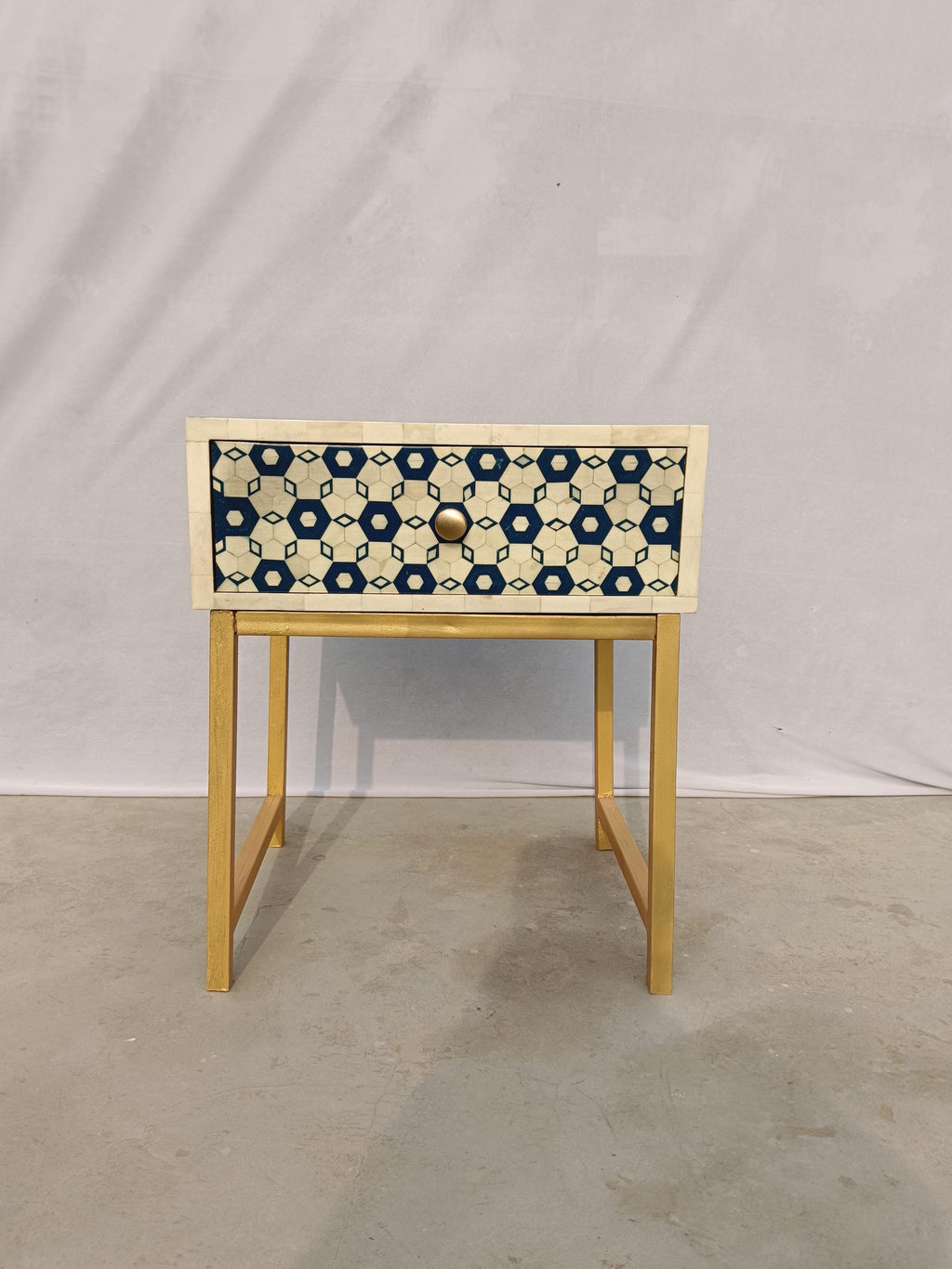 Blue Geometric Bone Inlay Bedside Table, Gold Metal Legs, Handmade Luxury Side Table