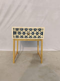 Blue Geometric Bone Inlay Bedside Table, Gold Metal Legs, Handmade Luxury Side Table