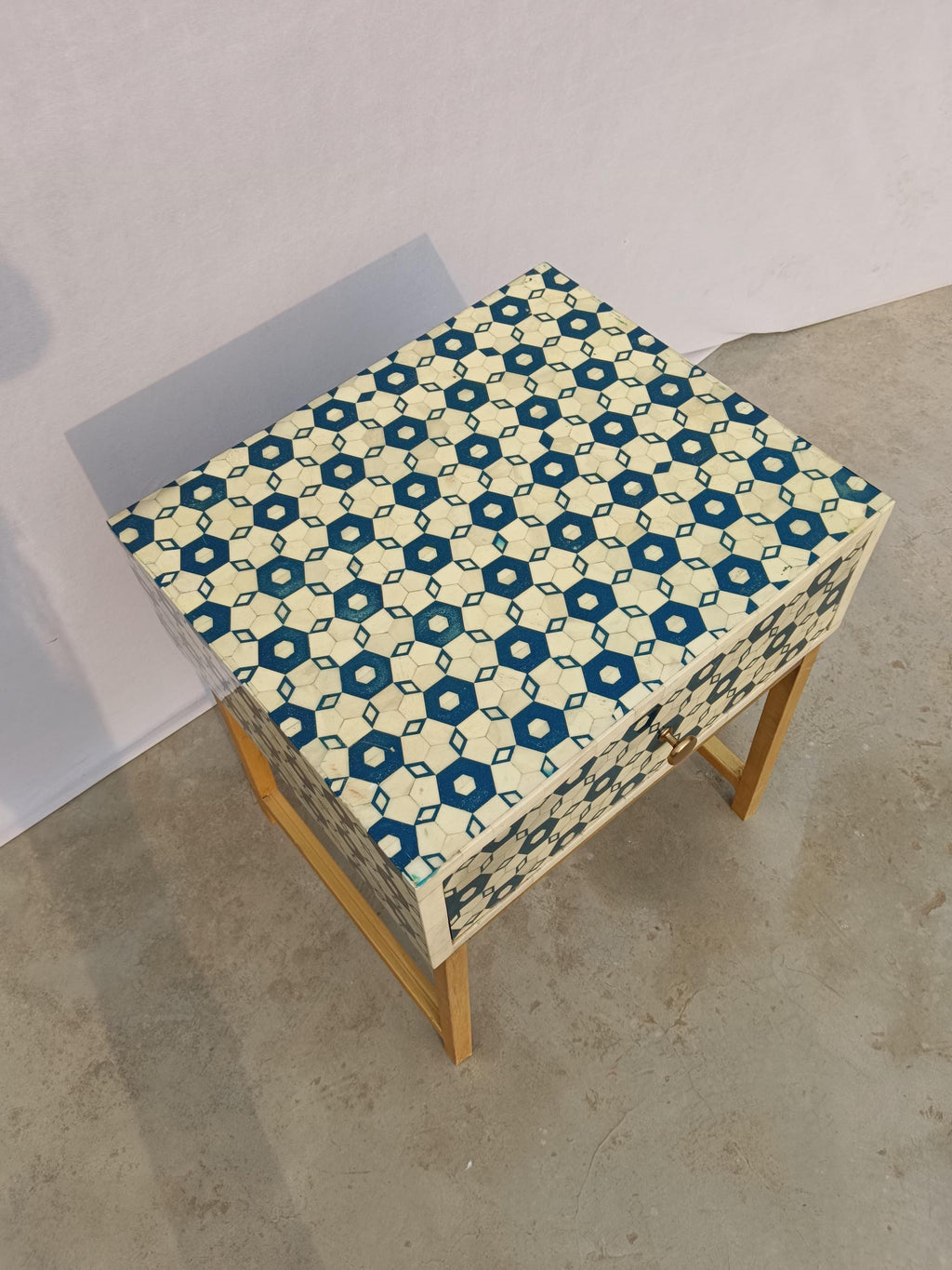 Blue Geometric Bone Inlay Bedside Table, Gold Metal Legs, Handmade Luxury Side Table