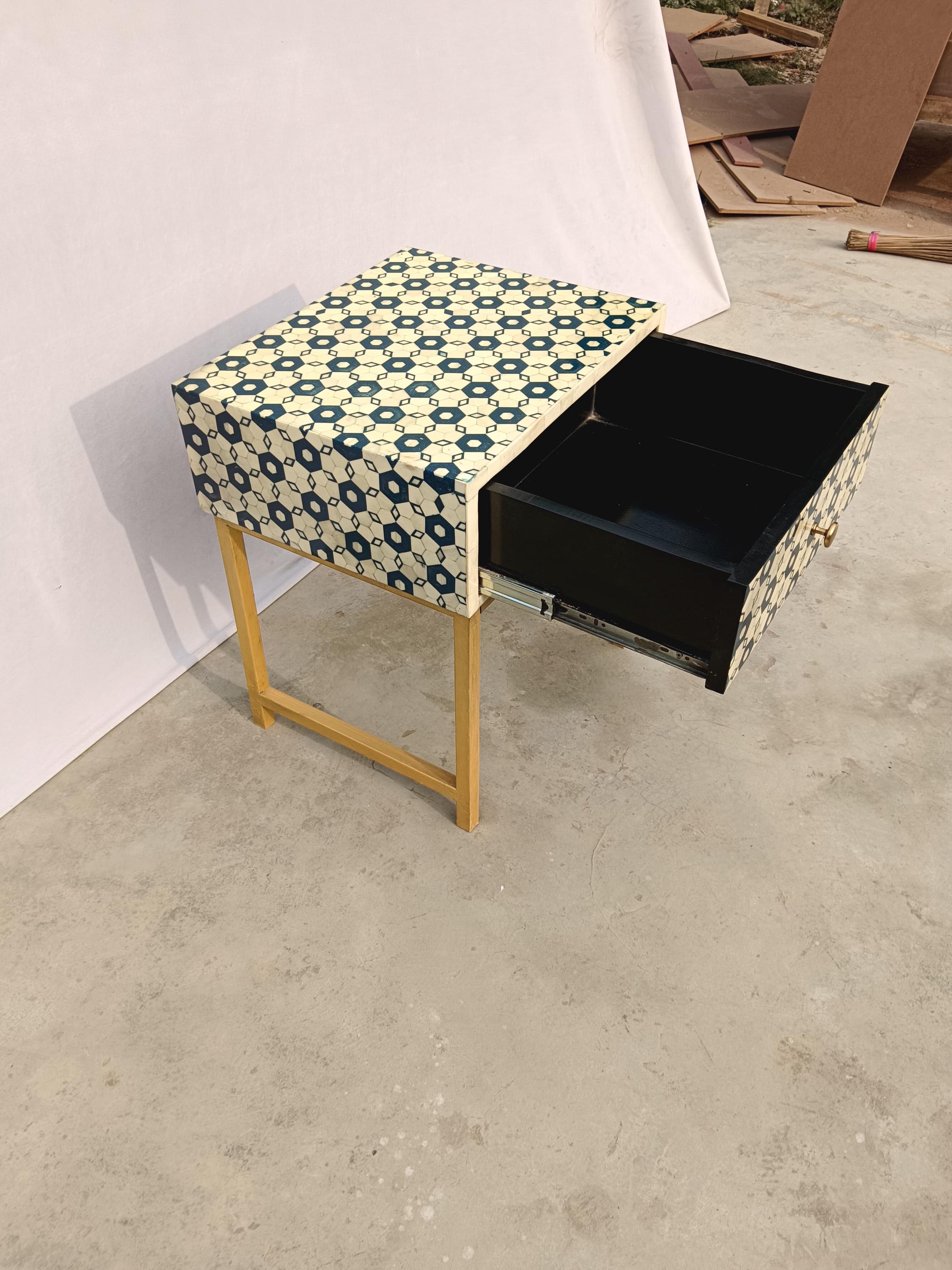 Blue Geometric Bone Inlay Bedside Table, Gold Metal Legs, Handmade Luxury Side Table