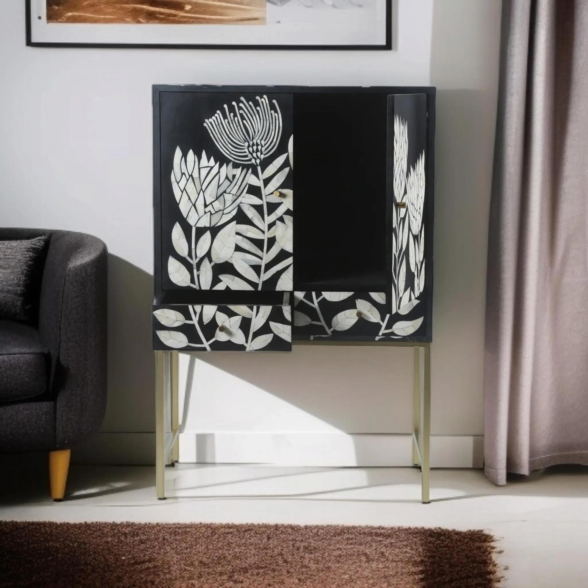 Black Bone Inlay Bar Unit – Handmade Luxury Storage Furniture , handivive