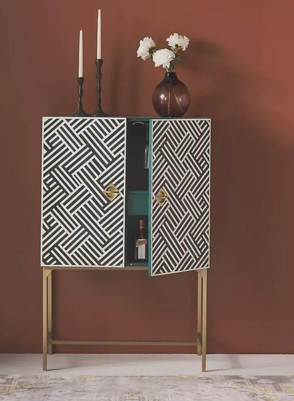Chevron Bone Inlay Bar Unit – Handmade Luxury Drinks Storage, Geometric Artisan Furniture