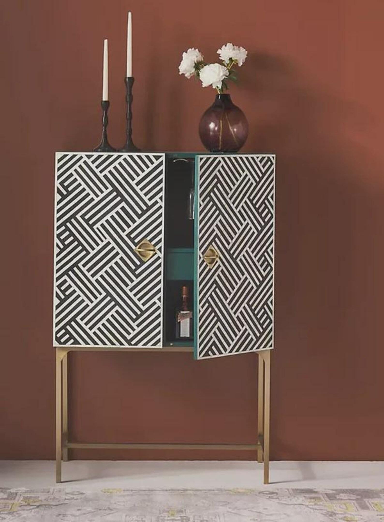 Chevron Bone Inlay Bar Unit – Handmade Luxury Drinks Storage, Geometric Artisan Furniture