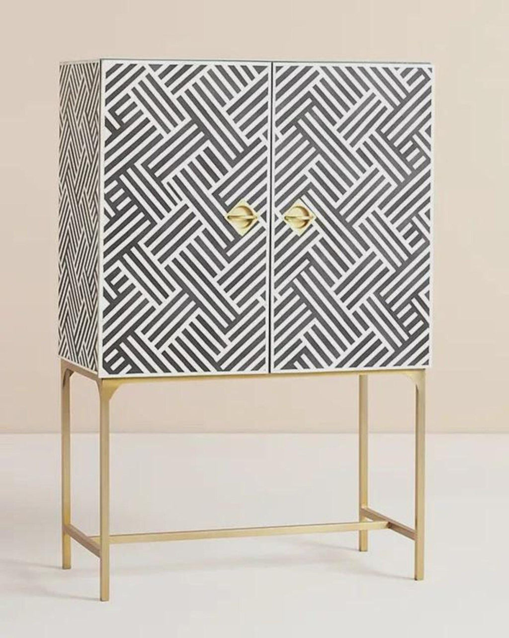Chevron Bone Inlay Bar Unit – Handmade Luxury Drinks Storage, Geometric Artisan Furniture