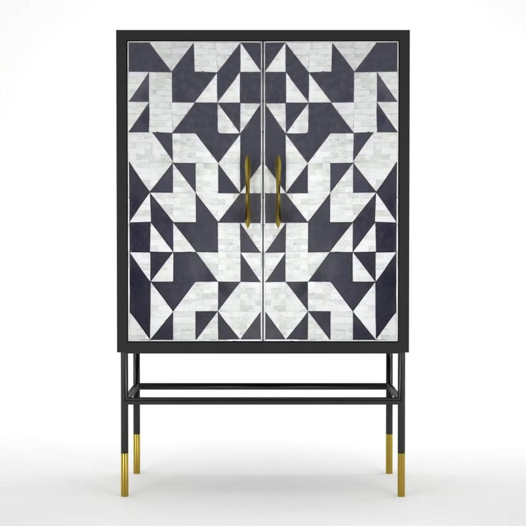 Geometric Bone Inlay Bar Cabinet – Handmade Modern Drinks Storage Furniture