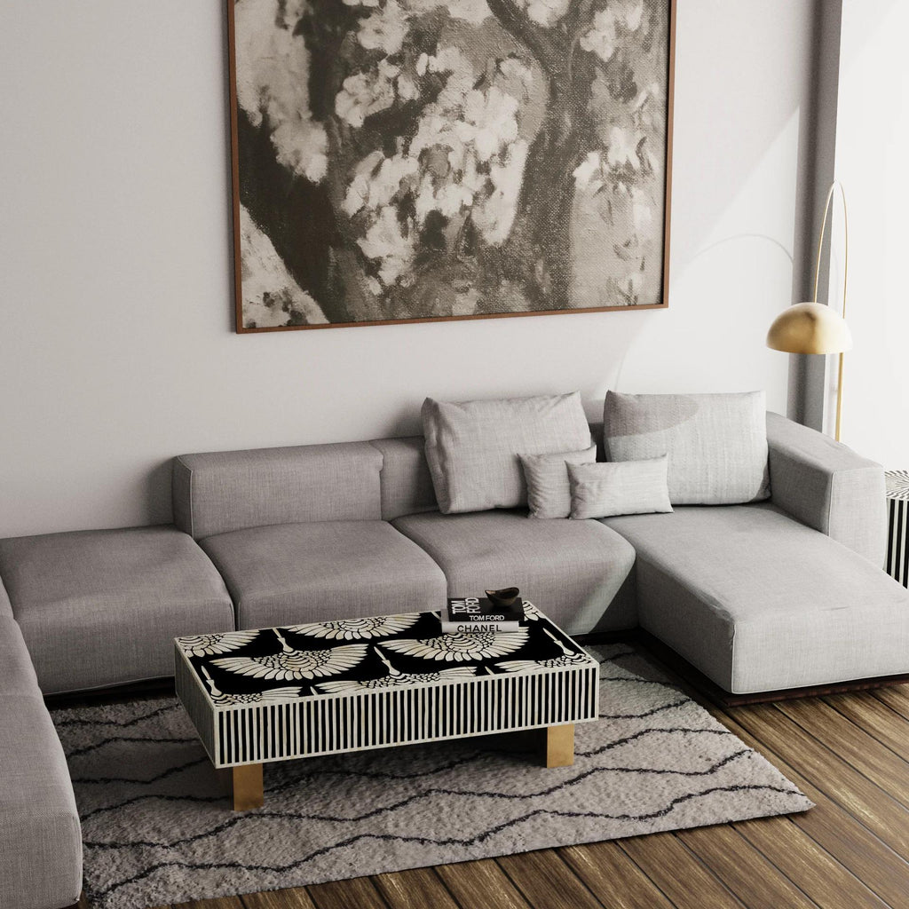 Bone Inlay Coffee Table Swan Pattern – Handmade Rectangular Luxury Furniture