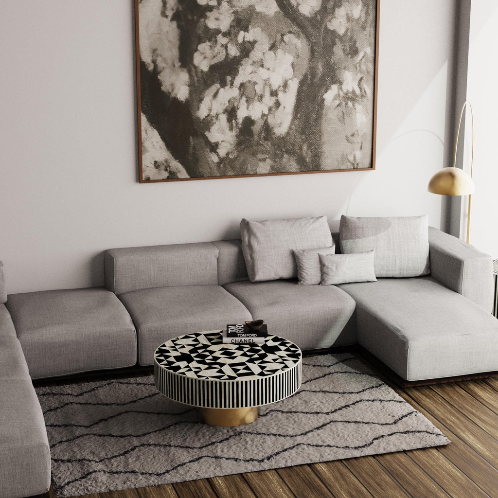 Round Geometric Bone Inlay Coffee Table – Handmade Luxury Modern Furniture