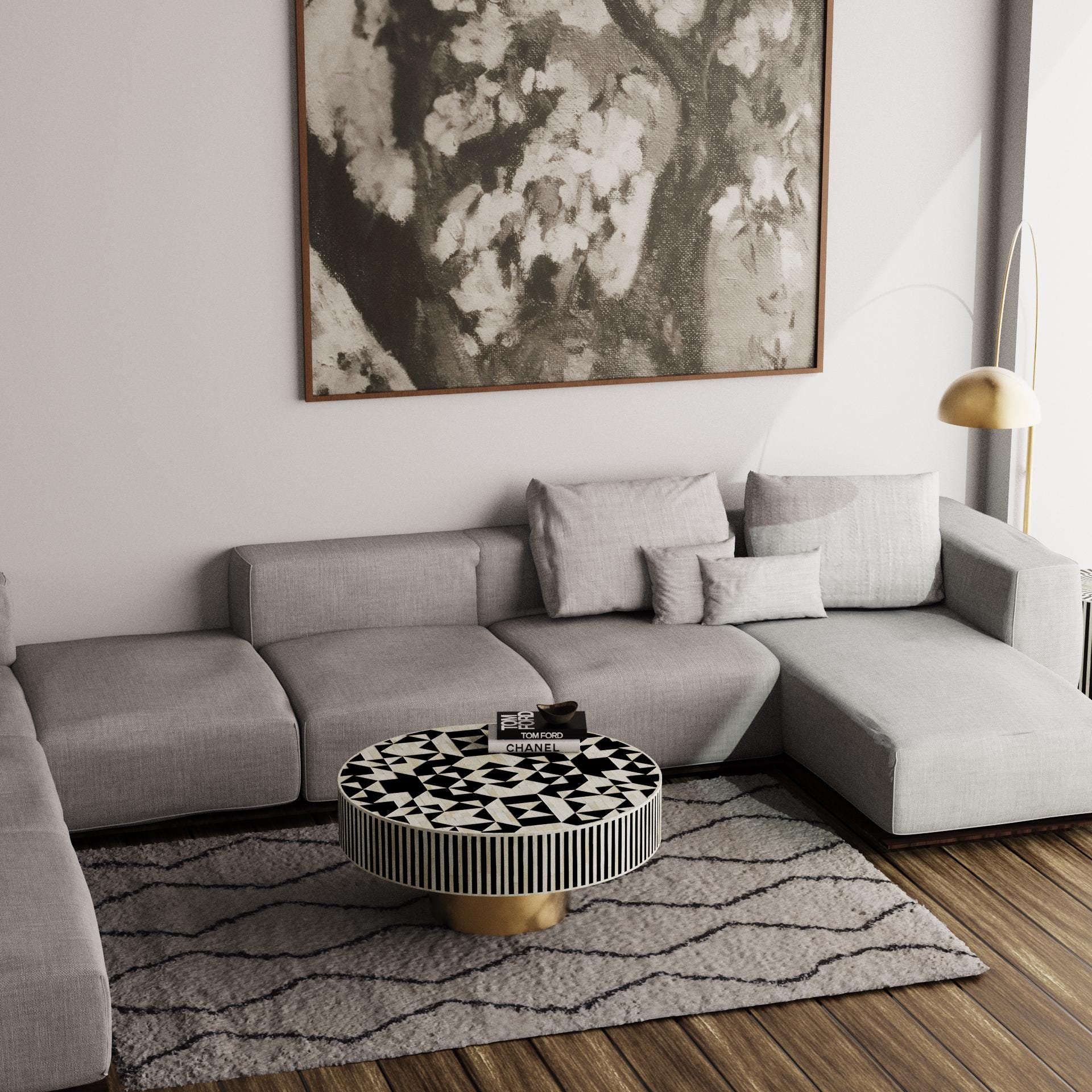 Round Geometric Bone Inlay Coffee Table – Handmade Luxury Modern Furniture