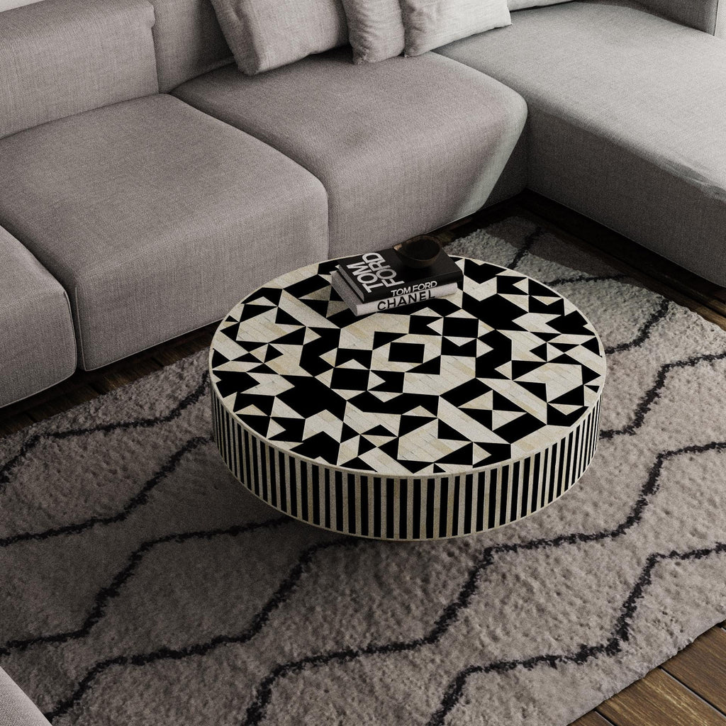 Round Geometric Bone Inlay Coffee Table – Handmade Luxury Modern Furniture