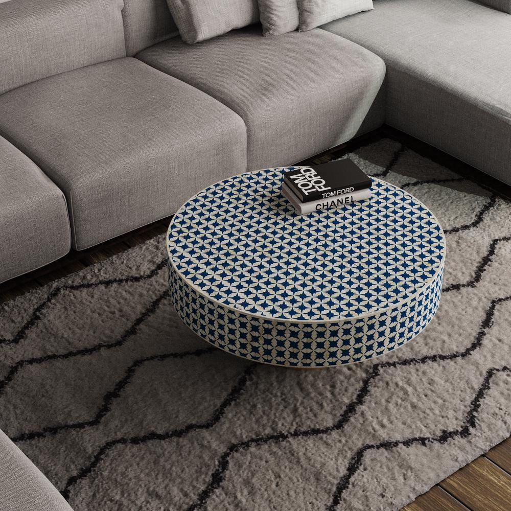 Bone Inlay Round Coffee Table – Geometric Handmade Luxury Statement Furniture