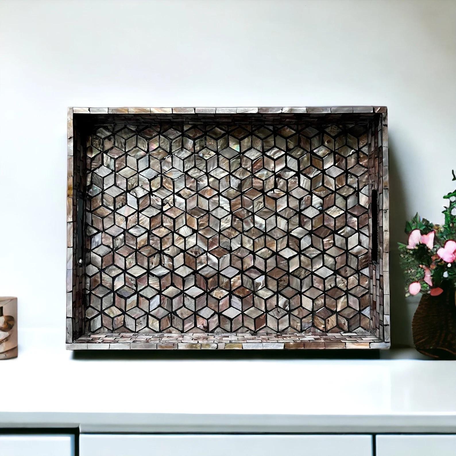 Handmade Mother of Pearl Inlay Serving Tray | Rectangular MOP Coffee Table Decor, Luxury Gift