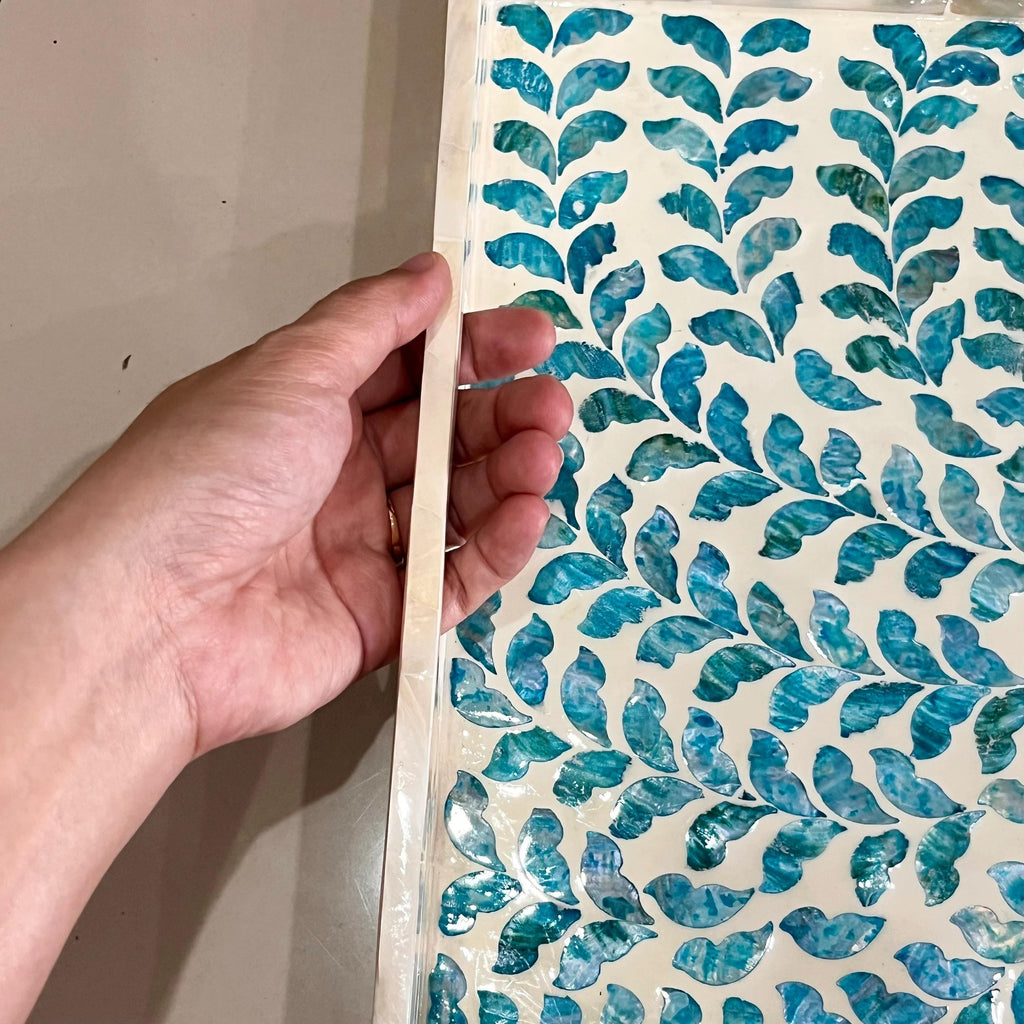 Handmade Blue Mother of Pearl Inlay Serving Tray | Rectangular 35x25cm Botanical MOP Home Decor