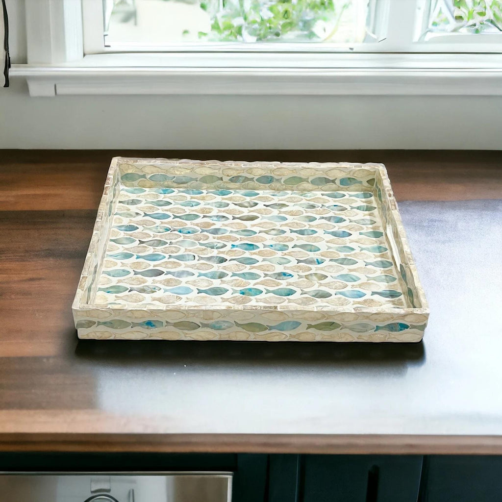 Handmade Mother of Pearl Inlay Serving Tray | Rectangular Blue Fish Pattern MOP Coastal Decor