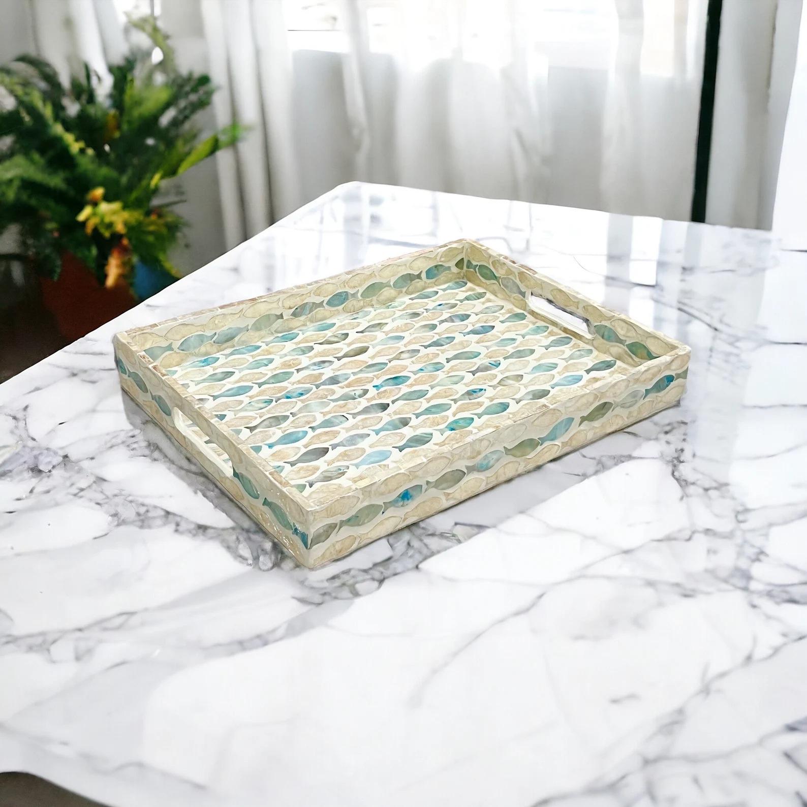 Handmade Mother of Pearl Inlay Serving Tray | Rectangular Blue Fish Pattern MOP Coastal Decor