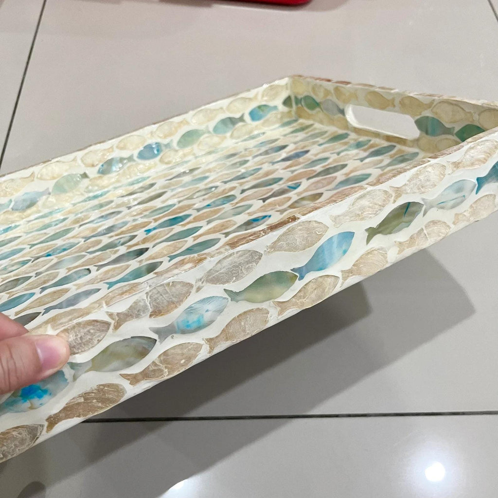 Handmade Mother of Pearl Inlay Serving Tray | Rectangular Blue Fish Pattern MOP Coastal Decor