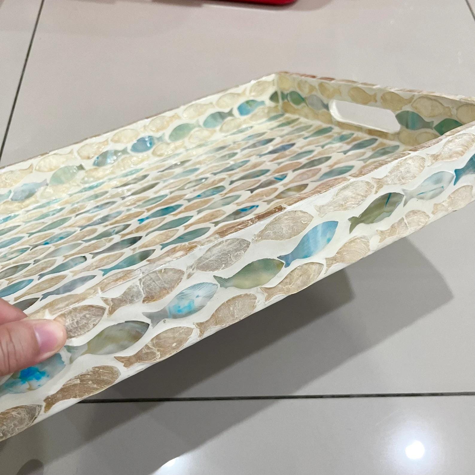 Handmade Mother of Pearl Inlay Serving Tray | Rectangular Blue Fish Pattern MOP Coastal Decor
