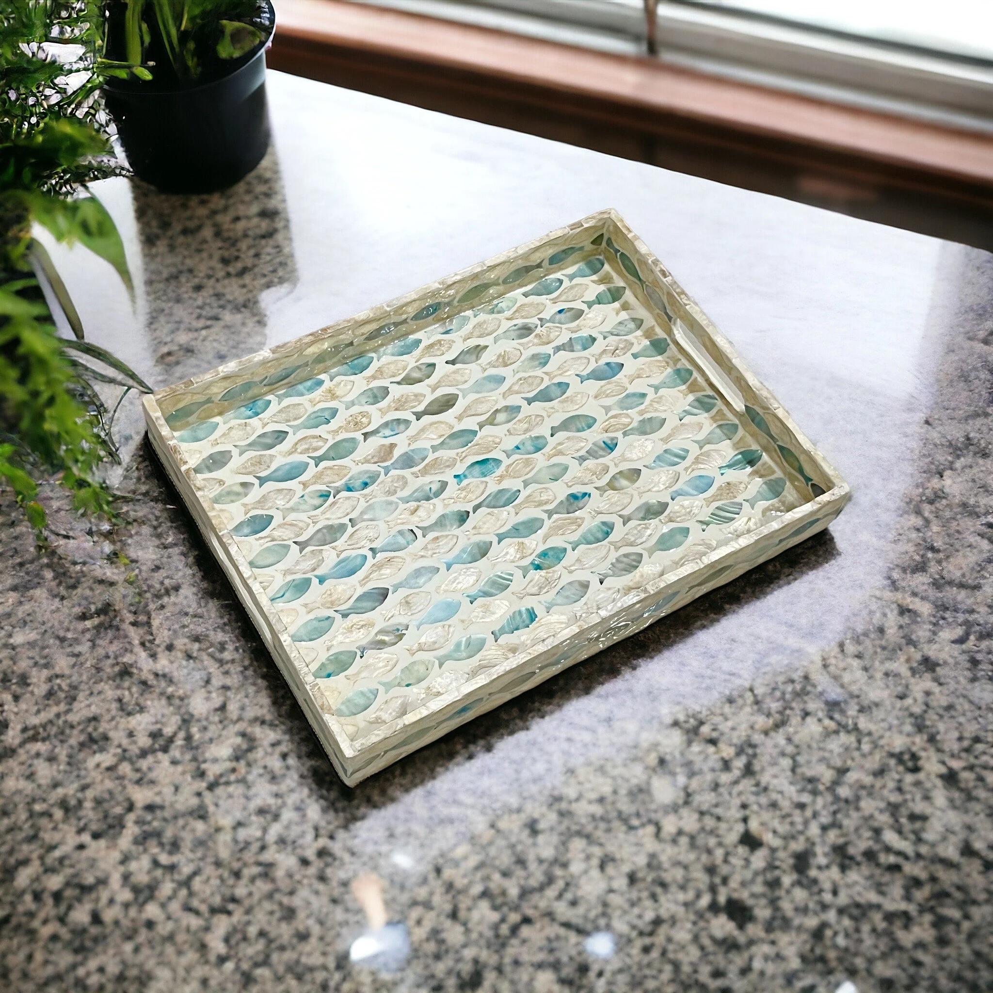 Handmade Mother of Pearl Inlay Serving Tray | Rectangular Blue Fish Pattern MOP Coastal Decor