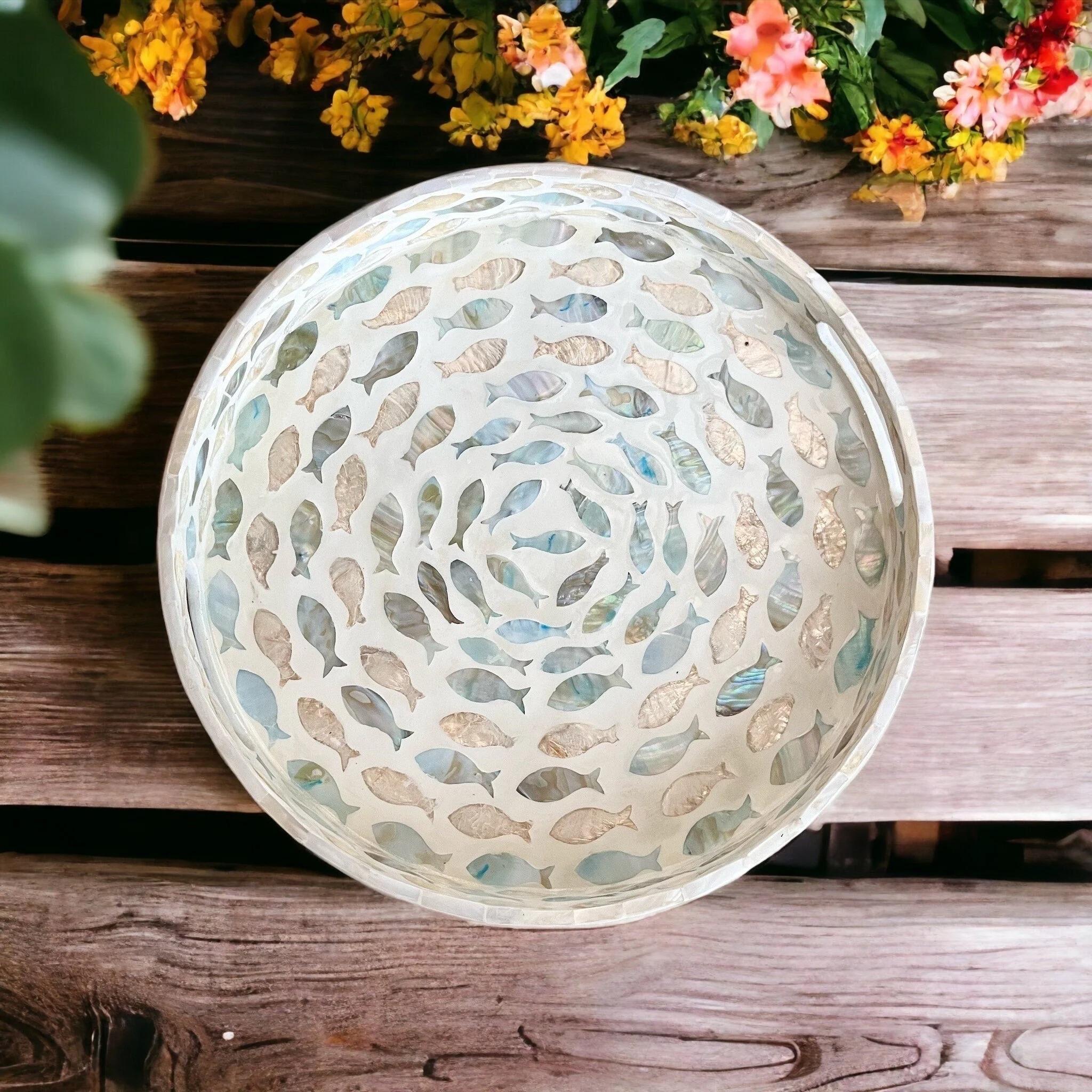 Handmade Round Mother of Pearl Inlay Serving Tray | Blue Nautical Fish MOP Decor
