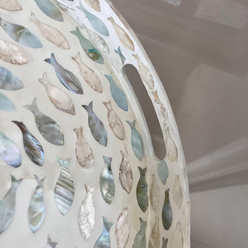 Handmade Round Mother of Pearl Inlay Serving Tray | Blue Nautical Fish MOP Decor
