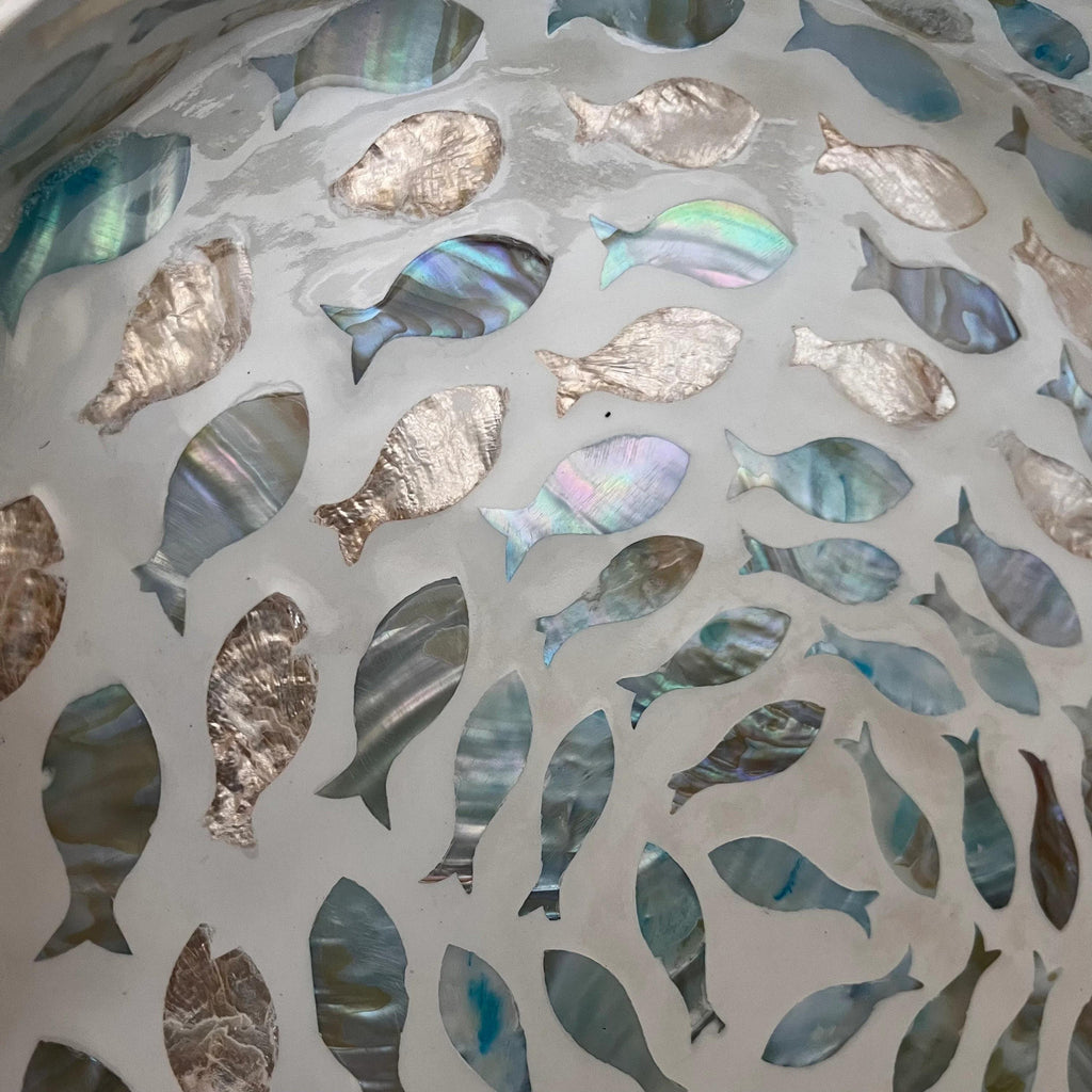Handmade Round Mother of Pearl Inlay Serving Tray | Blue Nautical Fish MOP Decor
