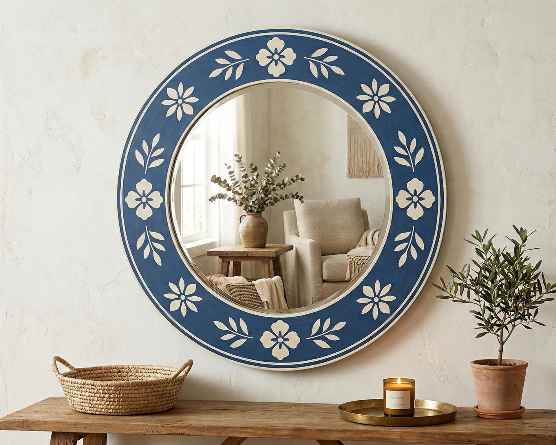 Bone Inlay Round Wall Mirror Luxury Boho - Handivive