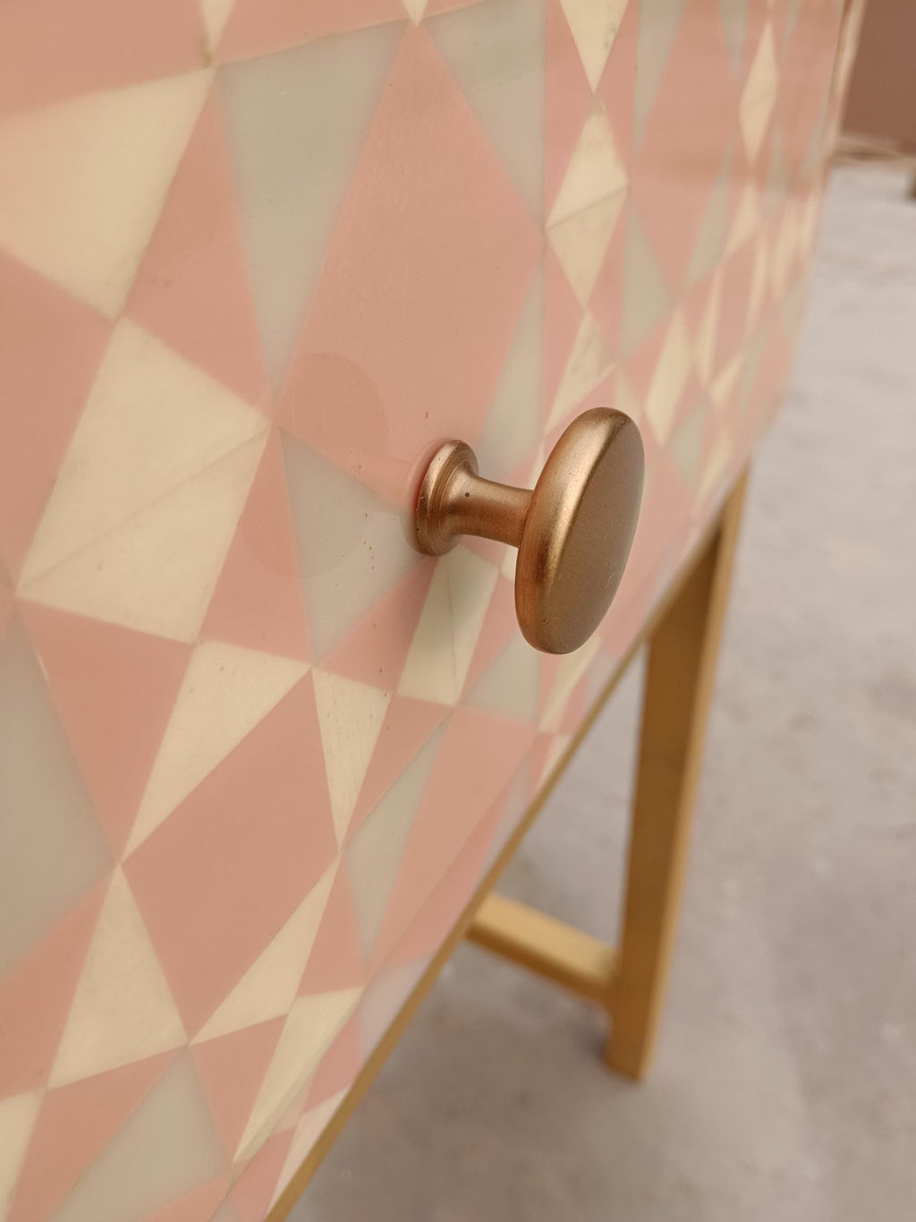 Blush pink Geometric Bone Inlay Bedside Table, Golden Metal Legs, Handmade Luxury Side Table