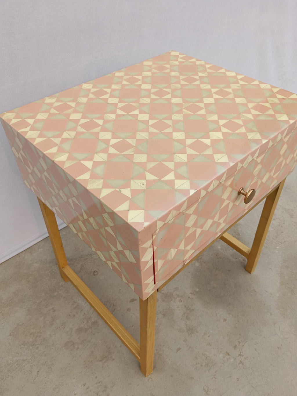 Blush pink Geometric Bone Inlay Bedside Table, Golden Metal Legs, Handmade Luxury Side Table