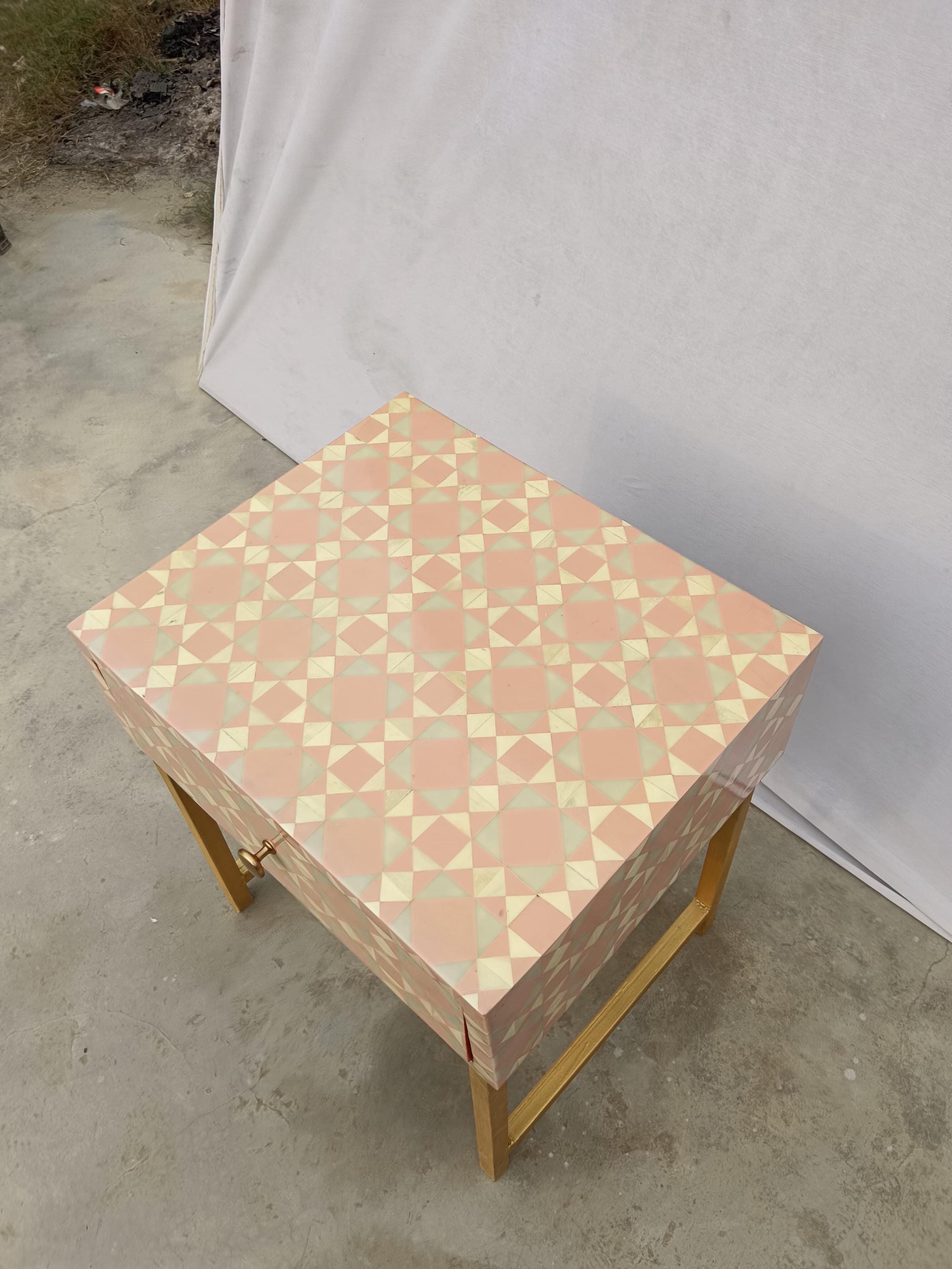 Blush pink Geometric Bone Inlay Bedside Table, Golden Metal Legs, Handmade Luxury Side Table