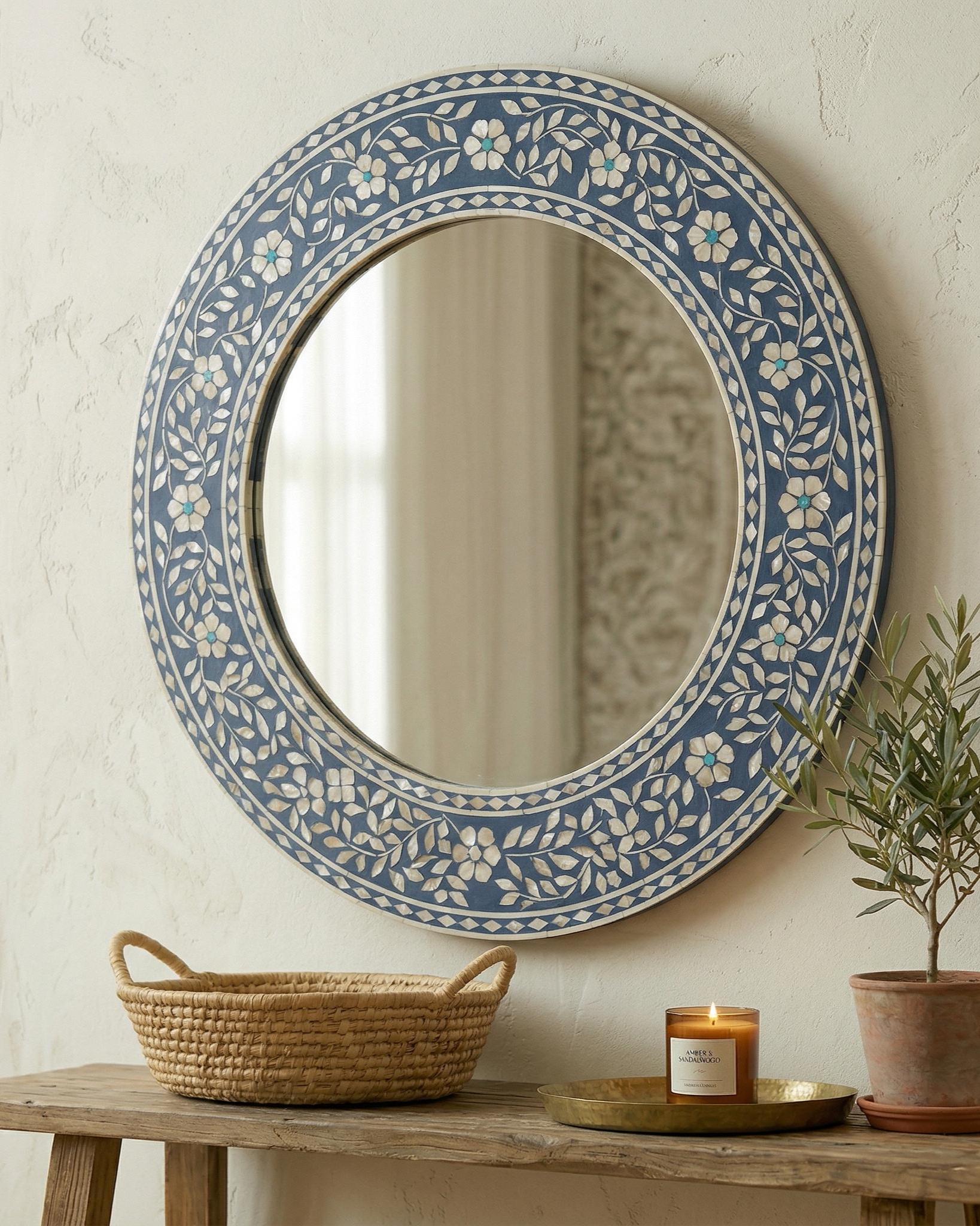 Floral Bone Inlay Round Mirror – Handmade Luxury Wall Decor | unique mirror