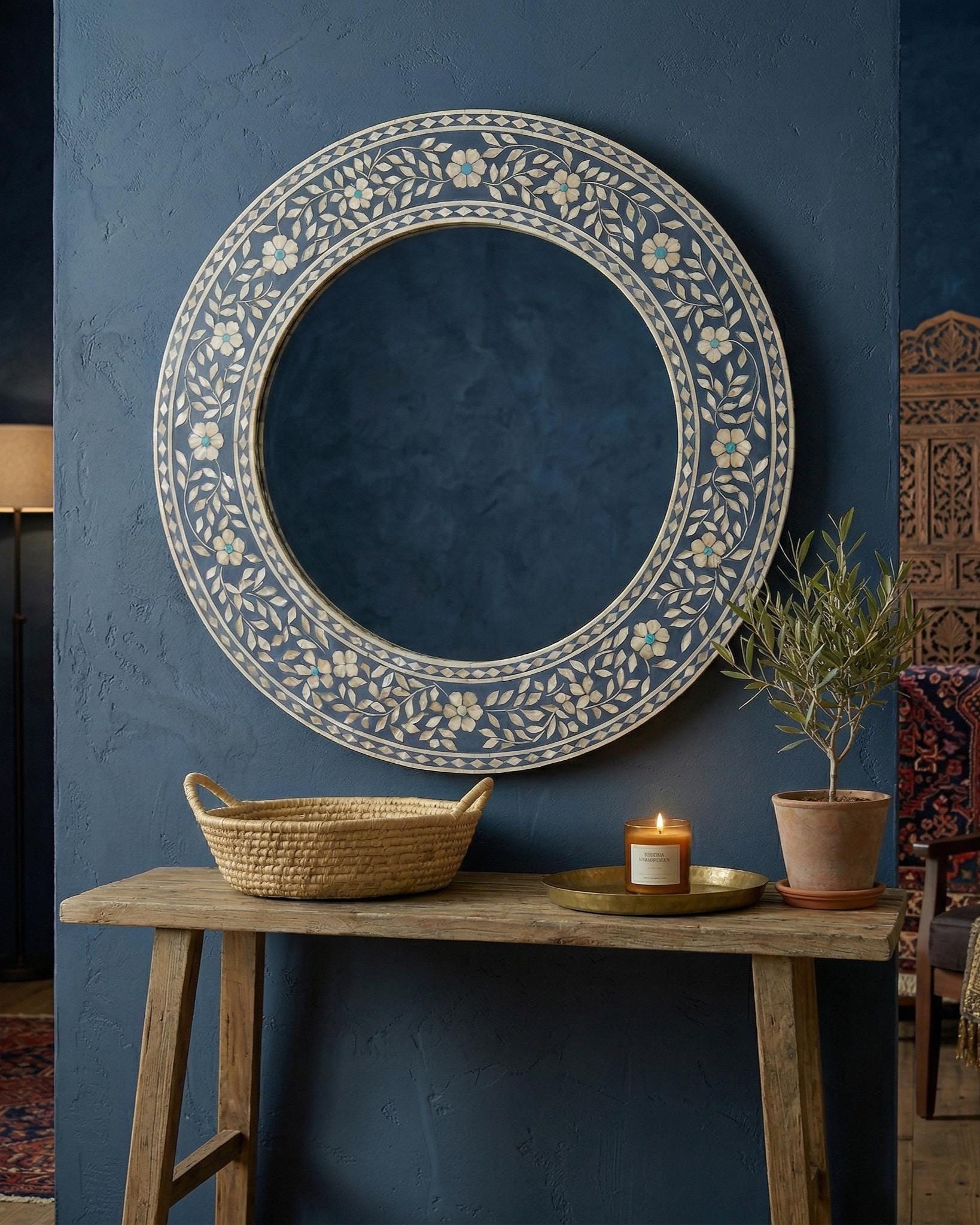 Floral Bone Inlay Round Mirror – Handmade Luxury Wall Decor | unique mirror