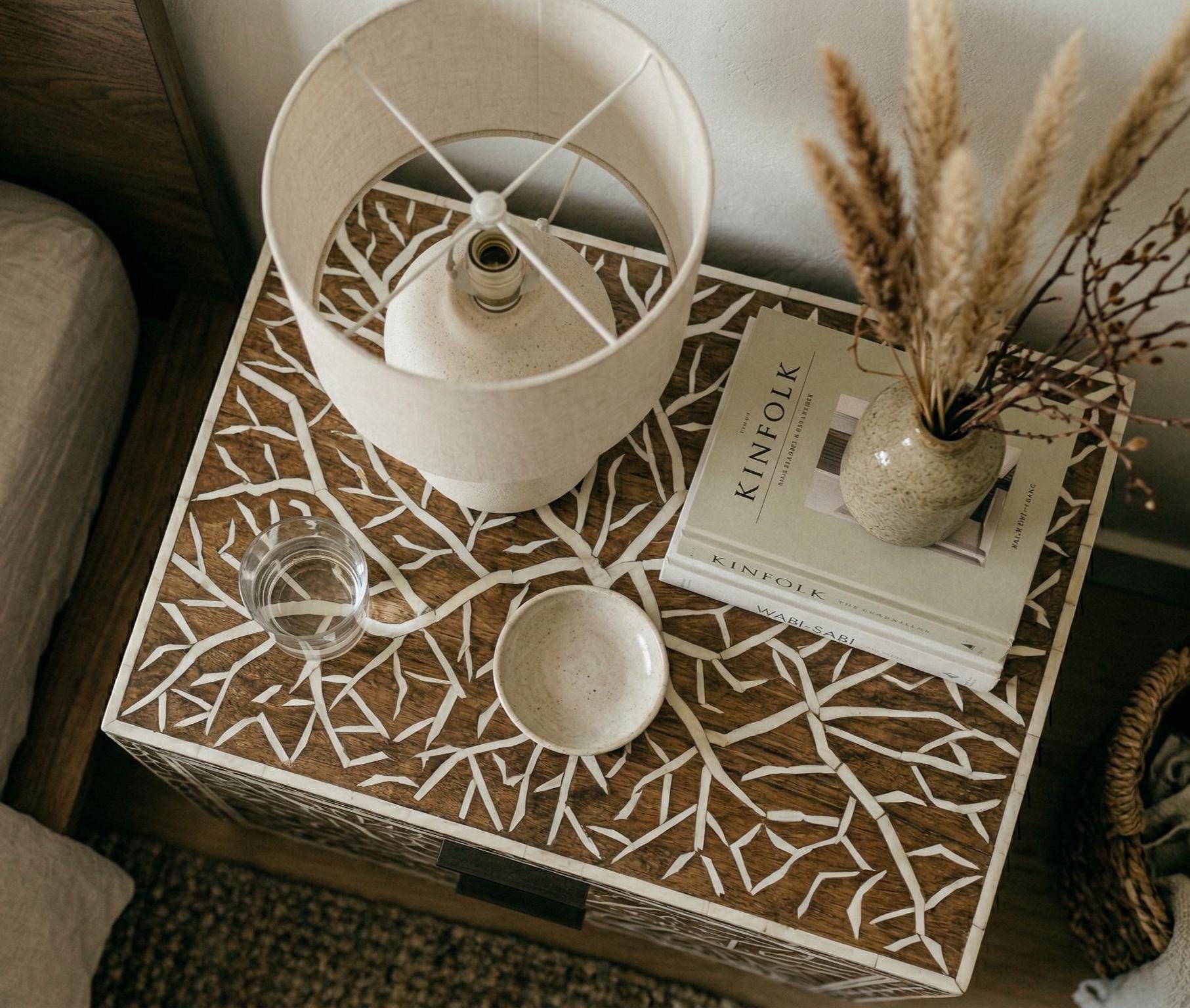Organic Pattern Bone Inlay Bedside Table , unique side table , indian furniture